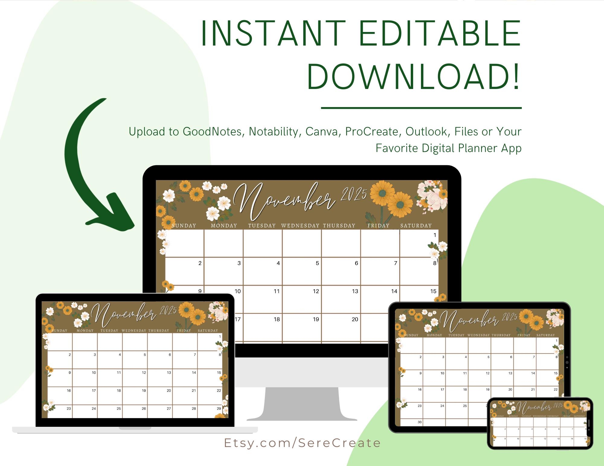 November 2025 Digital Calendar Chrysanthemums Flowers Planner Editable Fillable Printable Calendar For Planning PDF PNG And JPG Download Etsy