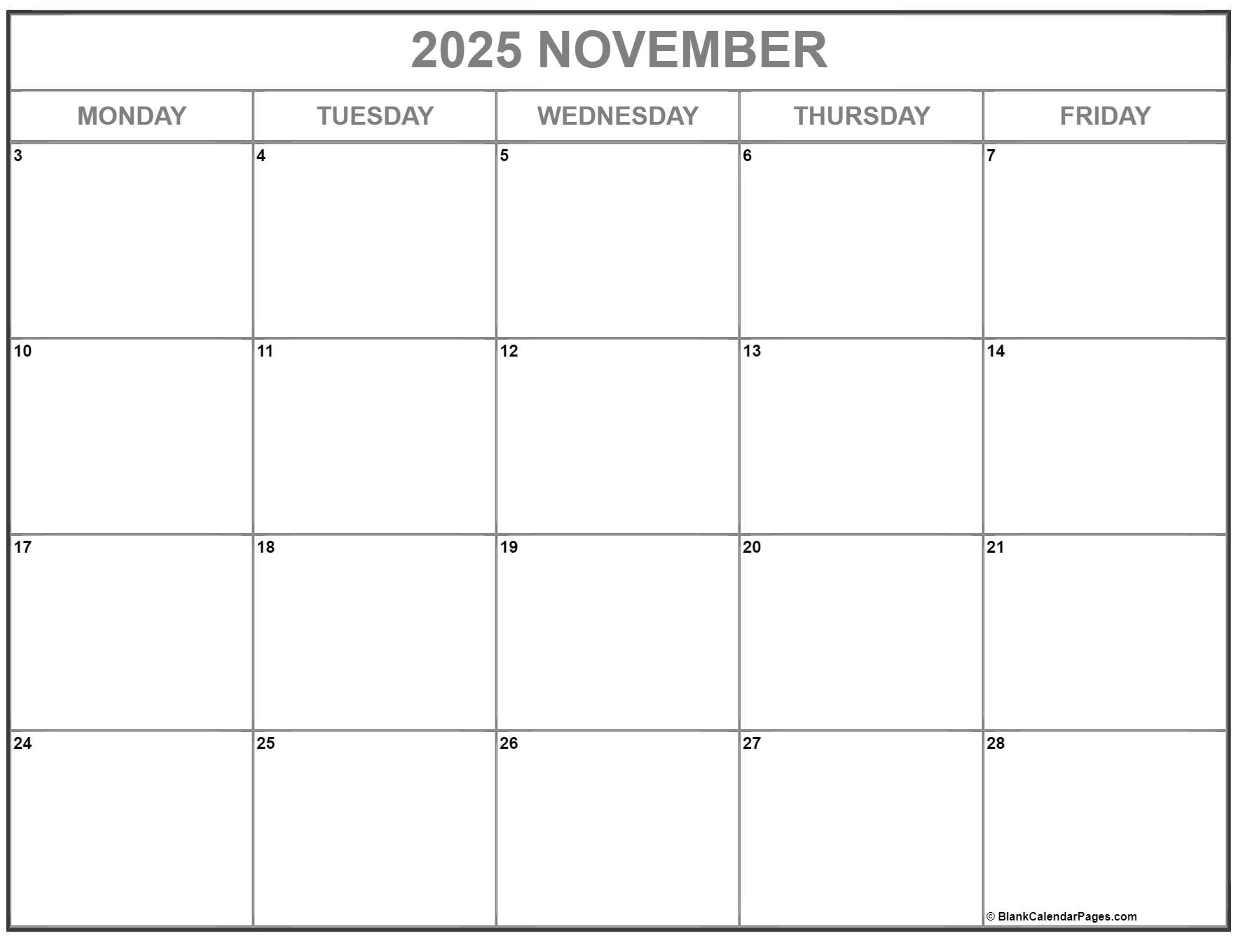 November 2025 Monday Calendar Monday To Sunday