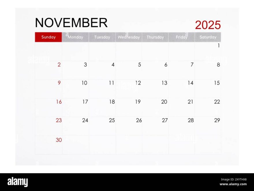 November 2025 Monthly Calendar Page Isolated On White Background Saved Clipping Path Stock Photo Alamy
