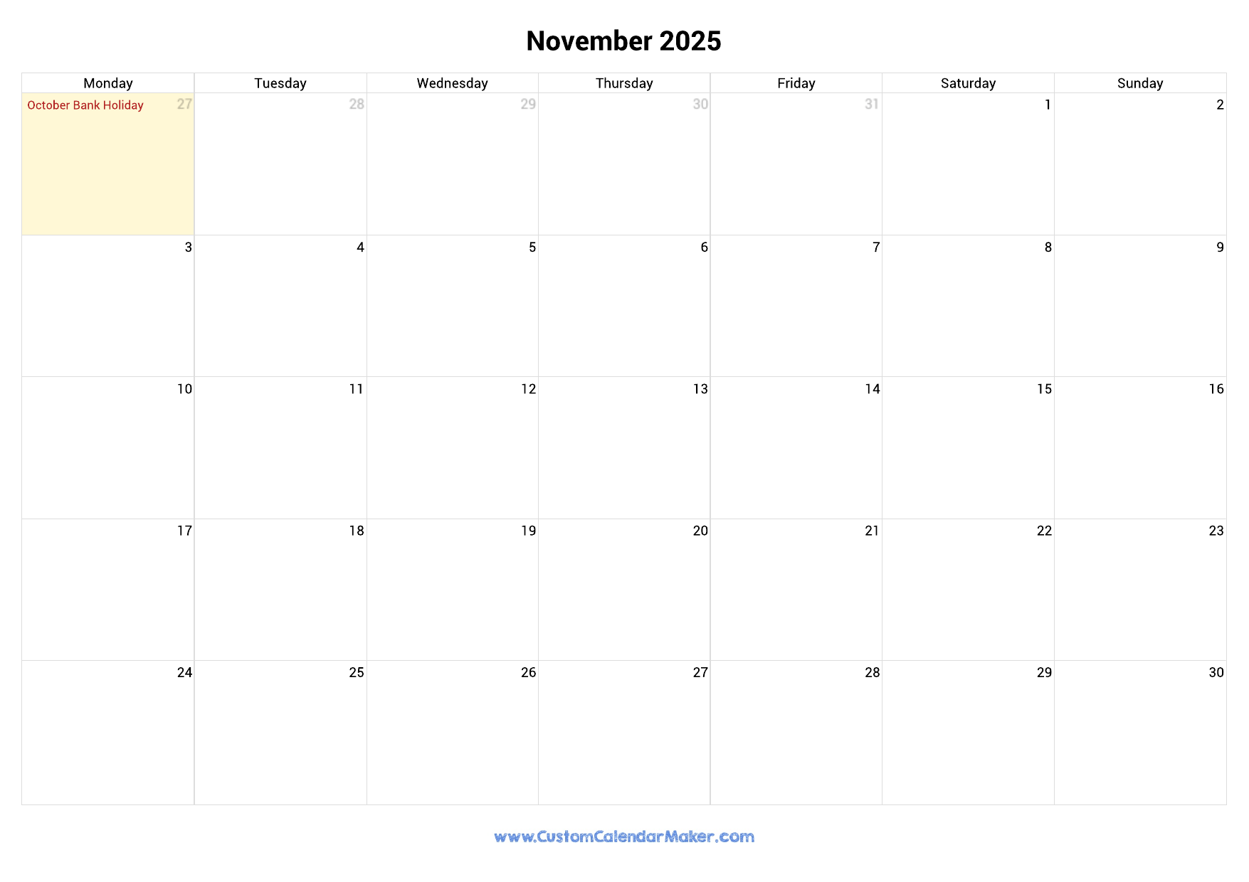 November 2025 Printable Calendar With Ireland Holidays Custom Calendar Maker