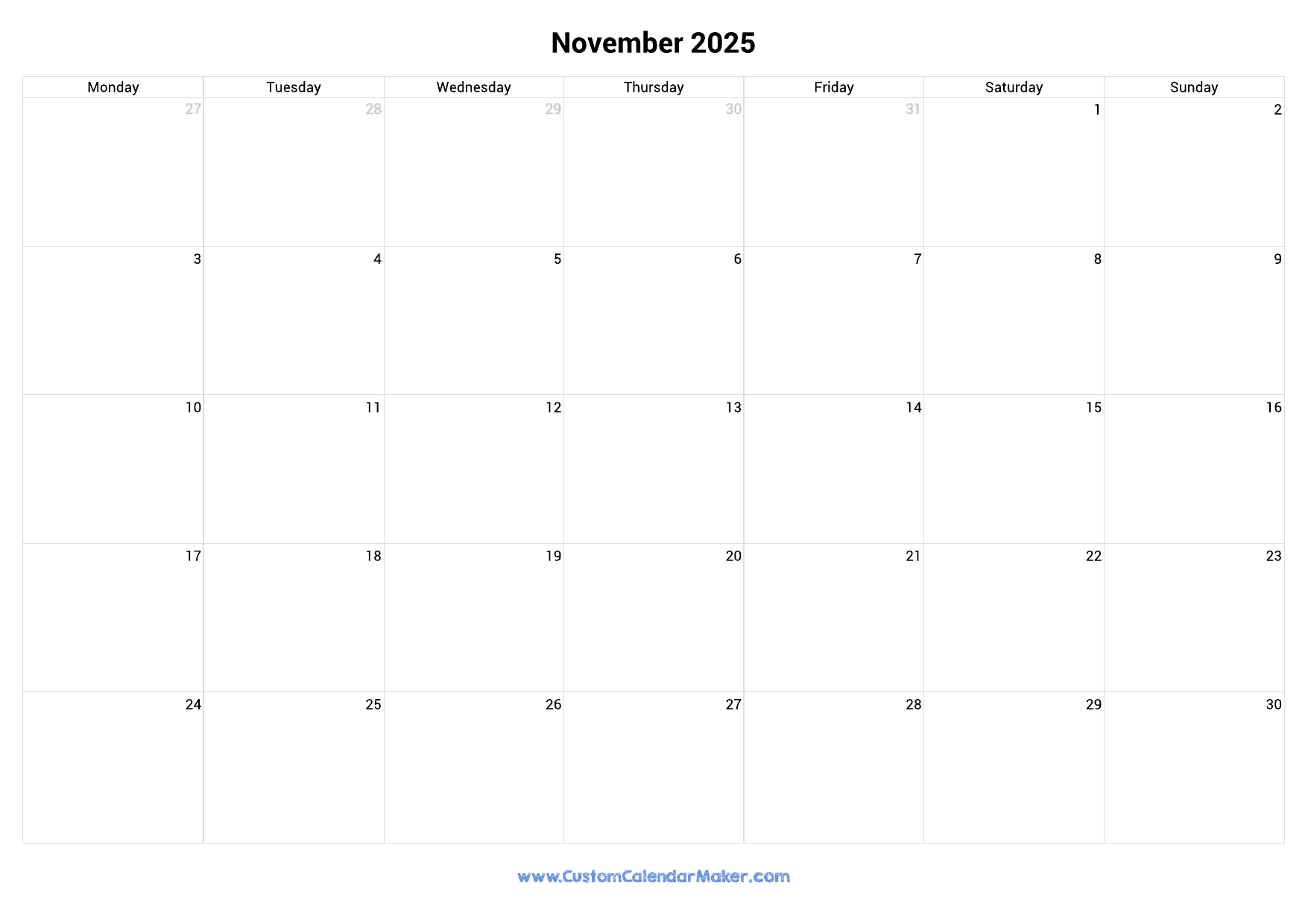Month Of November Blank Calendar 2025