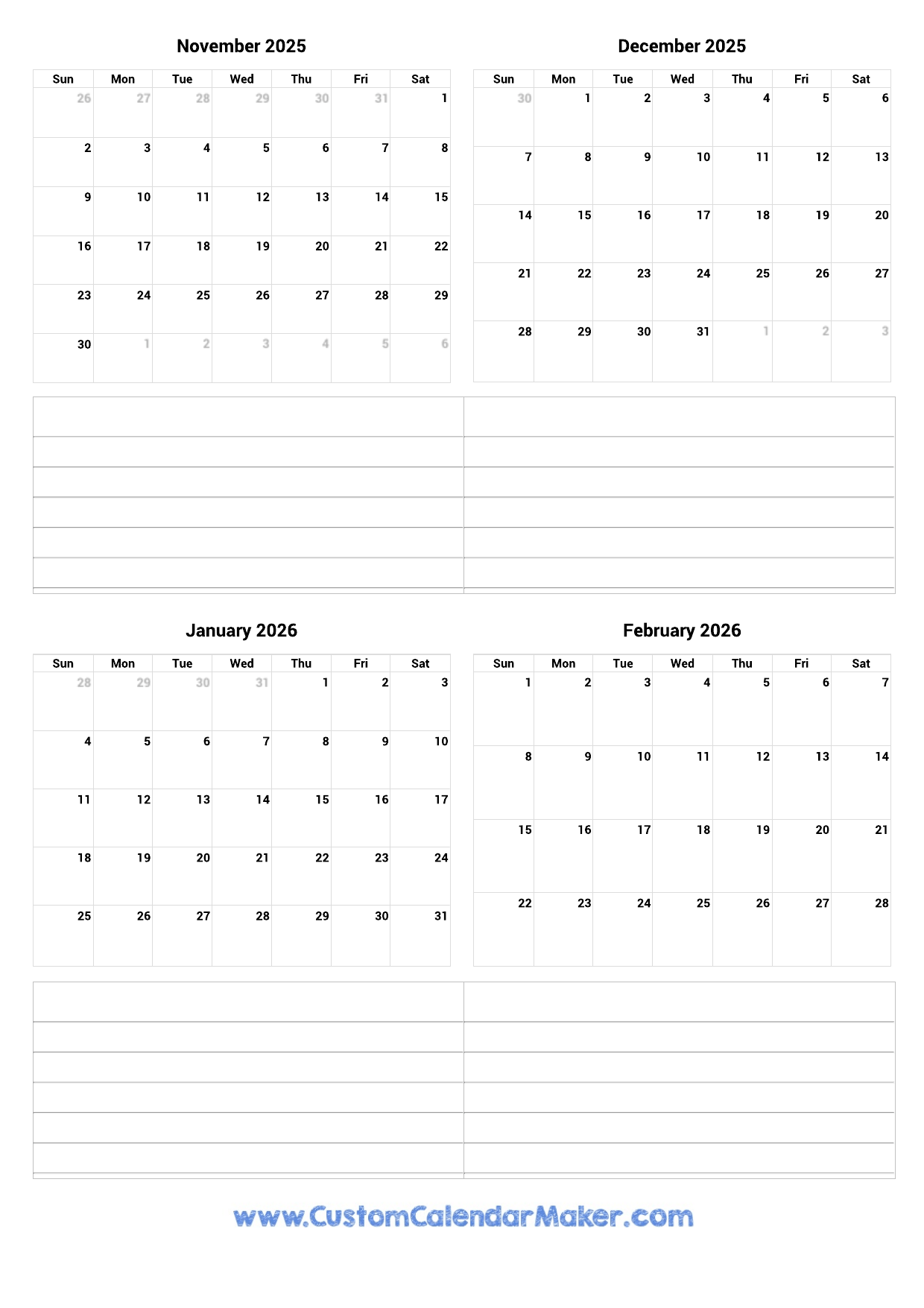November 2025 To February 2026 Printable Calendar Custom Calendar Maker November 2025 To February 2026 Printable Calendar Custom Calendar Maker