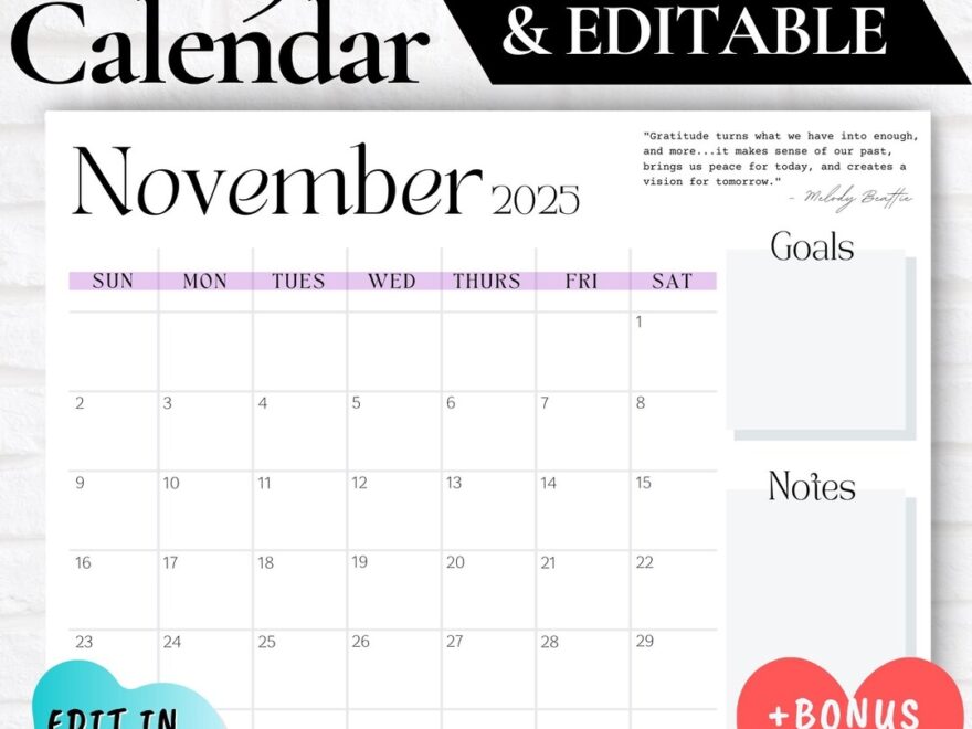 November Calendar 2025 November 2025 Printable Calendar November Calendar Printable Calendar With Notes Section Cute Calendar Printable Etsy