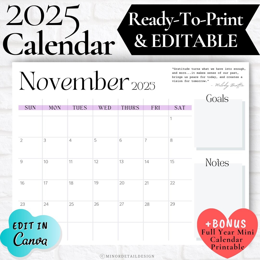 November Calendar 2025 November 2025 Printable Calendar November Calendar Printable Calendar With Notes Section Cute Calendar Printable Etsy