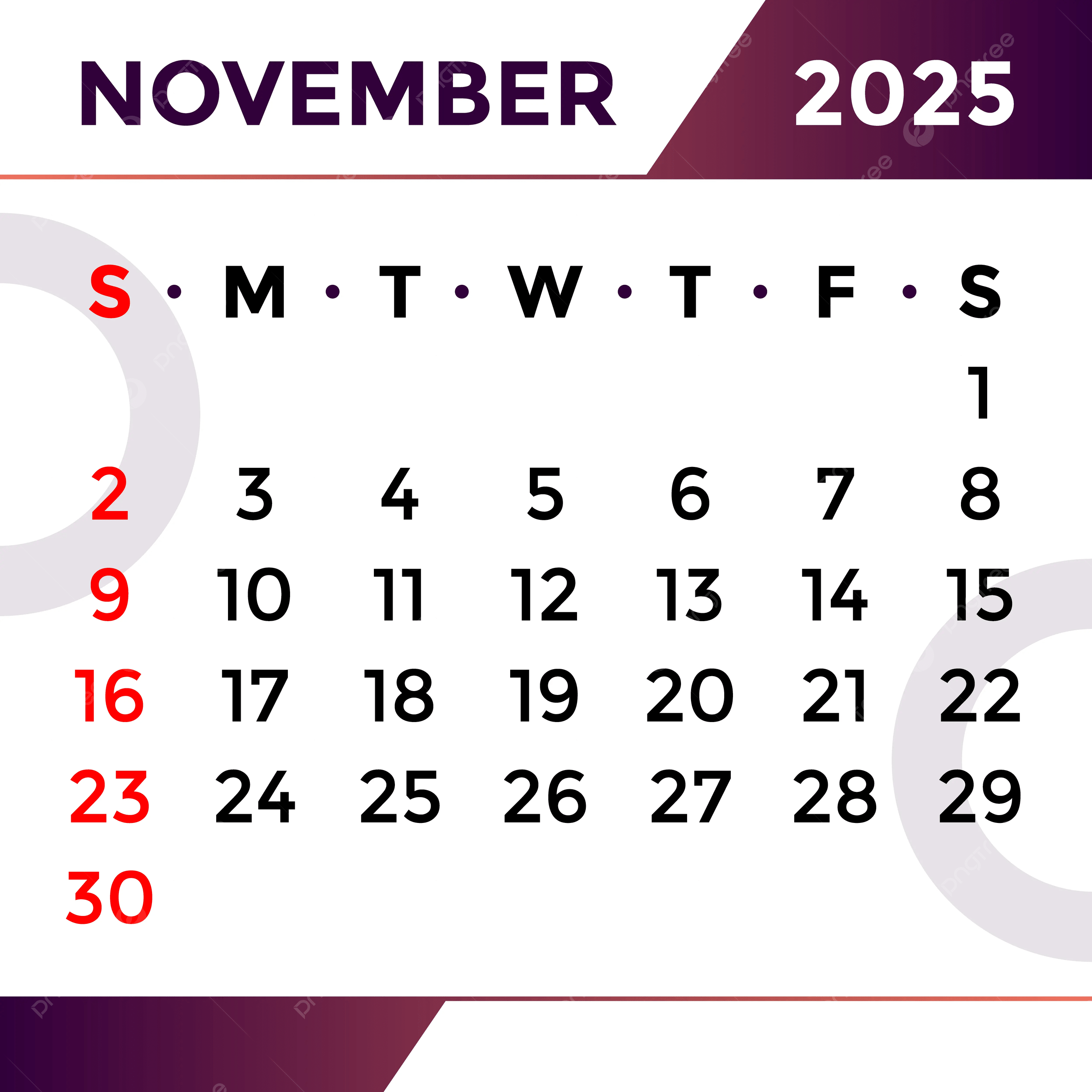 November Month Calendar 2025 Vector Template Download On Pngtree