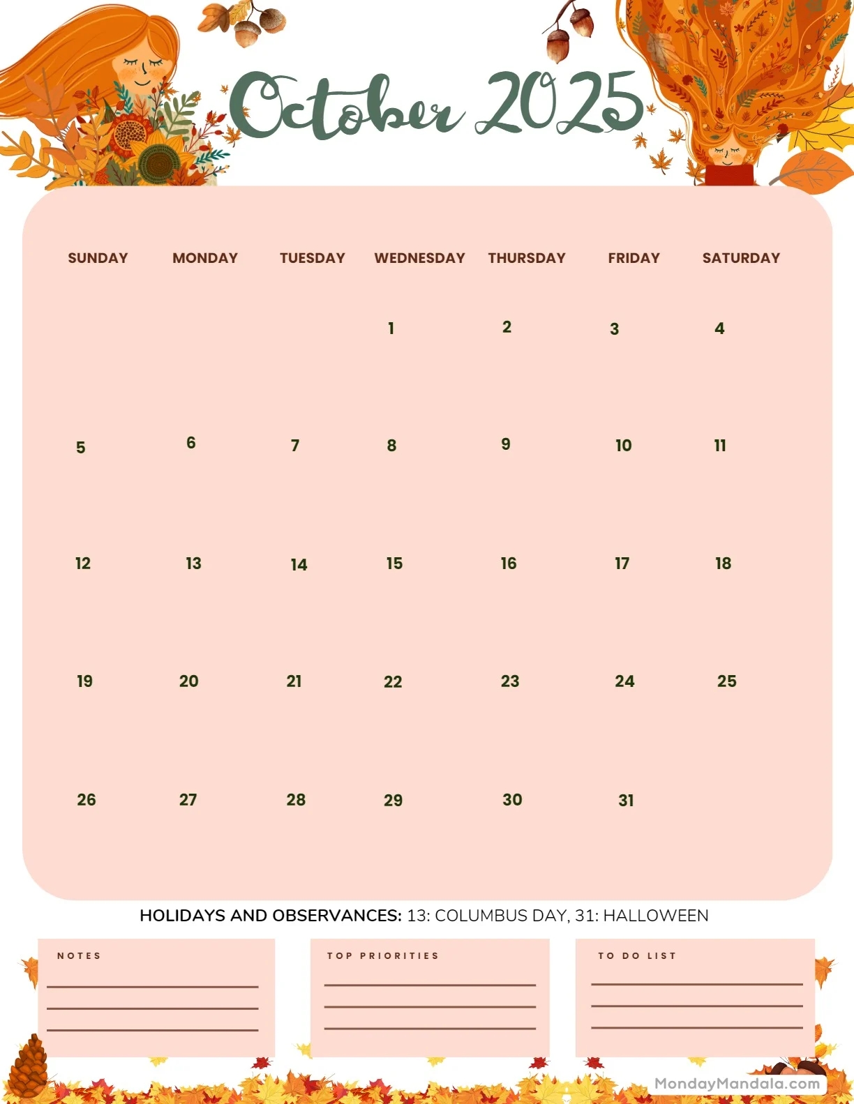 Blank Calendar October 2025 Word