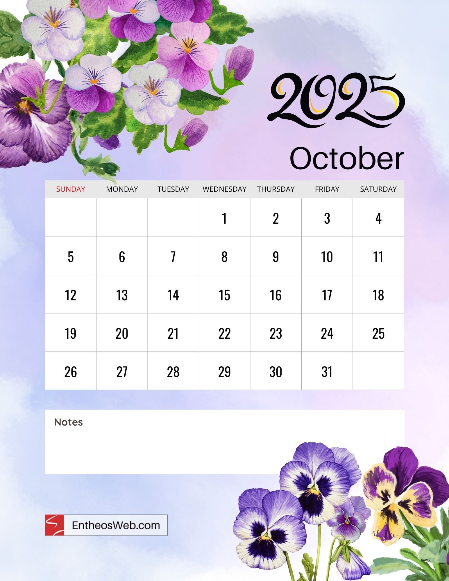 Blank October 2025 Calendar Purple