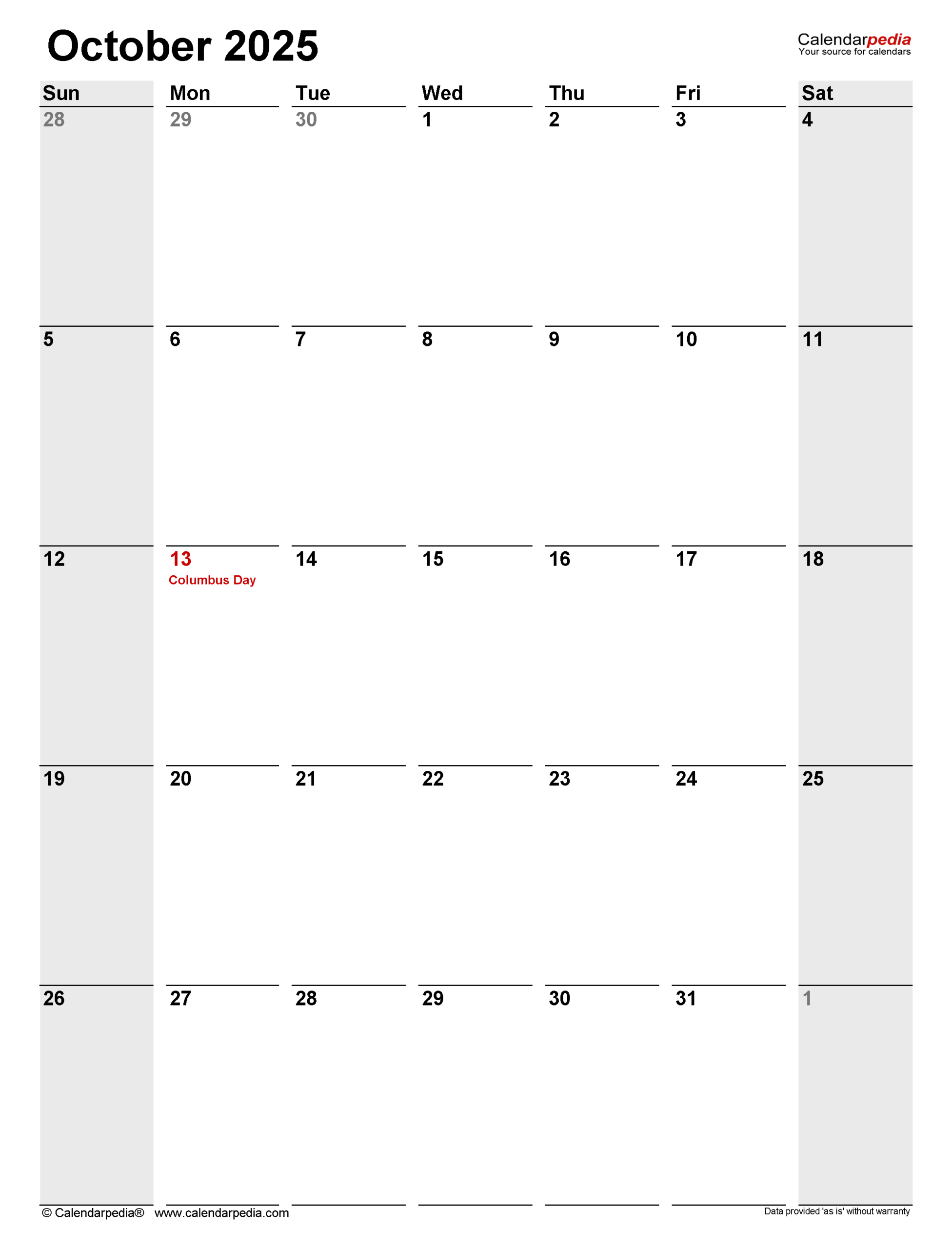 Blank Calendar 2025 Oct