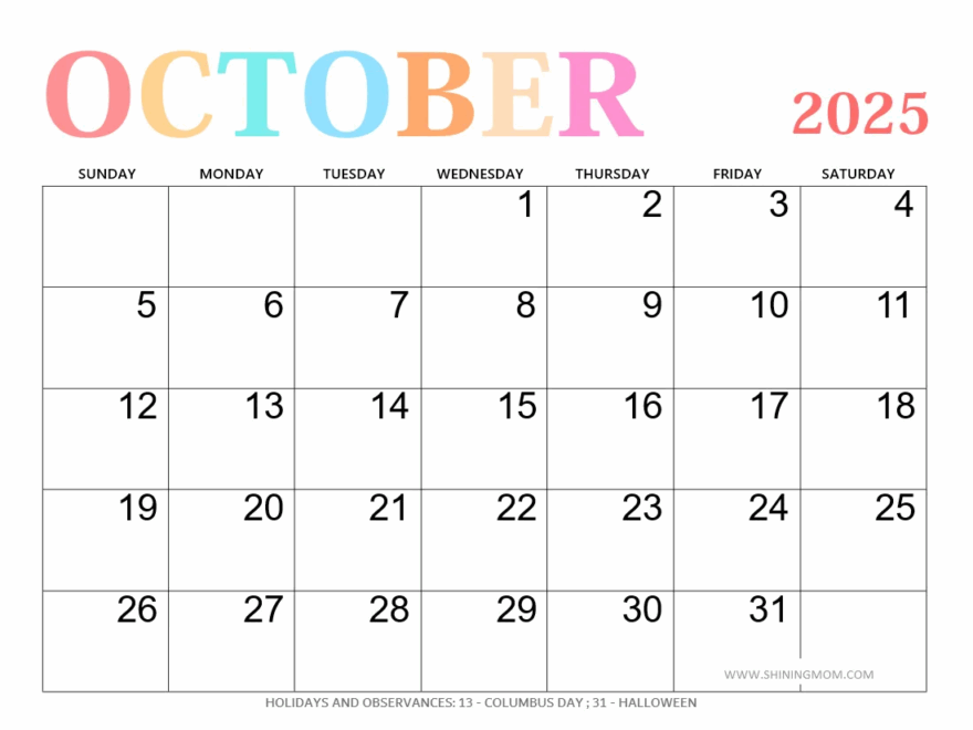 October 2025 Calendar With Holidays 50 Best Free Printables