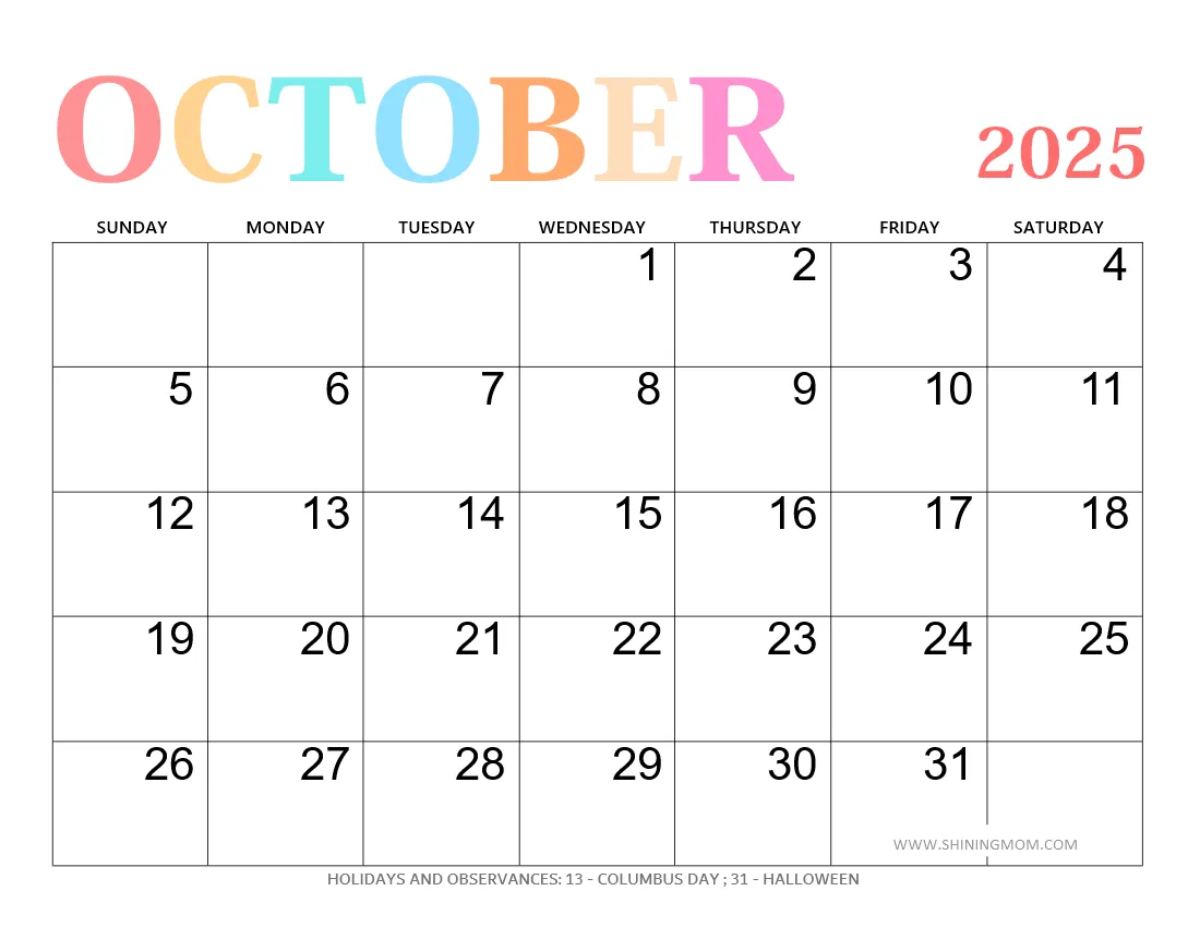 October 2025 Calendar With Holidays 50 Best Free Printables