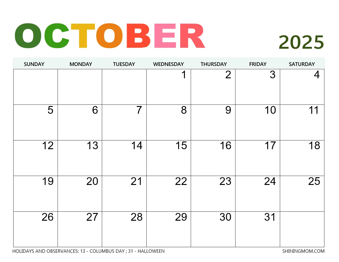2025 Blank Calendar October