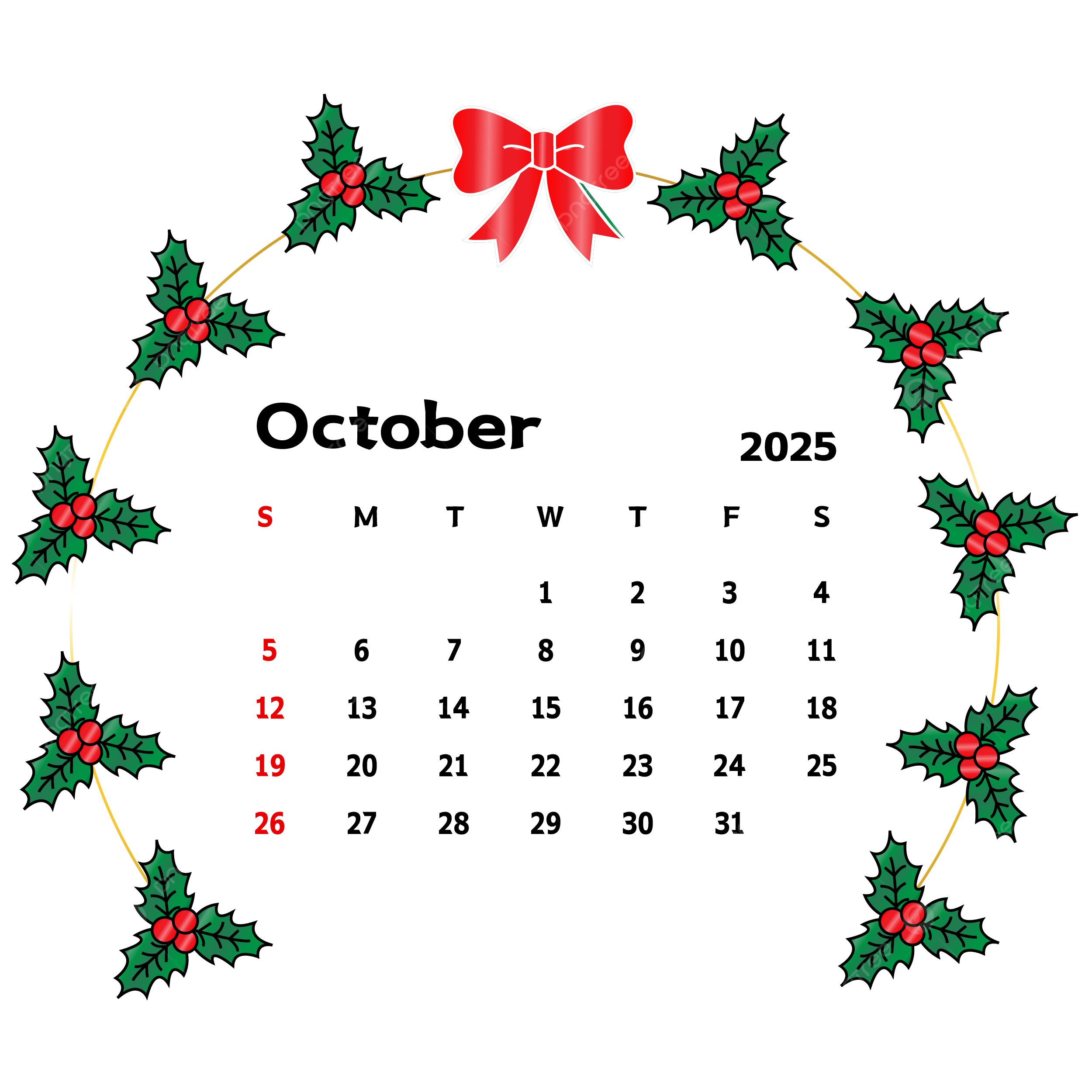 October 2025 Calendar With Leafy Circle Frame And Ribbon Vector Calendar October 2025 Ribbon PNG And Vector With Transparent Background For Free Download