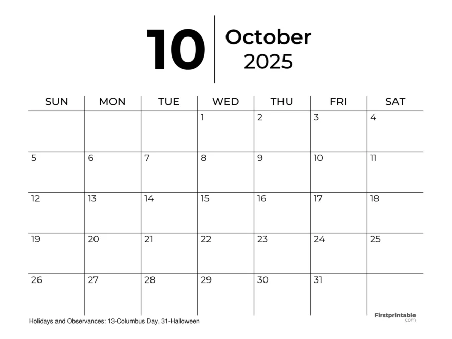 October 2025 Calendars Free Printable Fillable