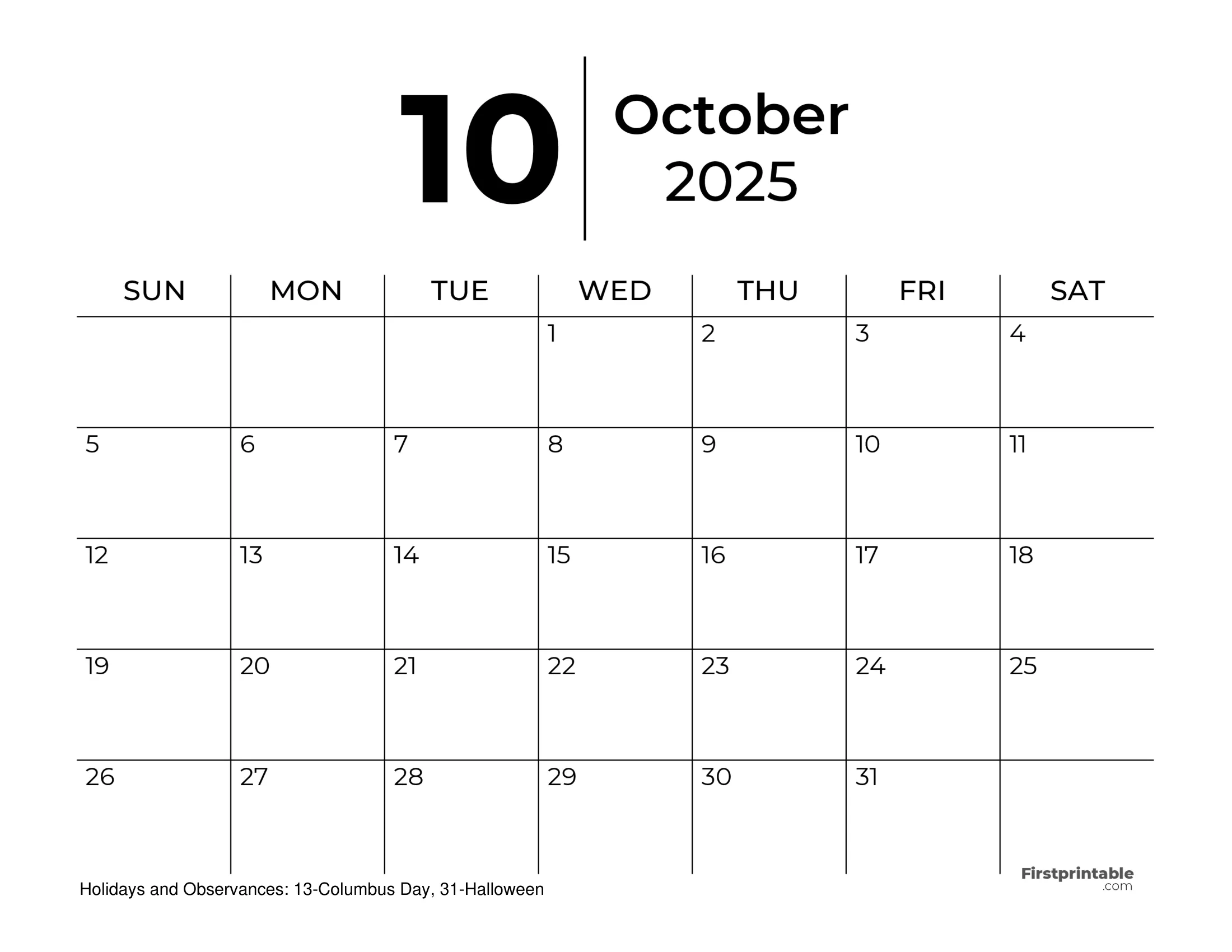 October 2025 Calendars Free Printable Fillable