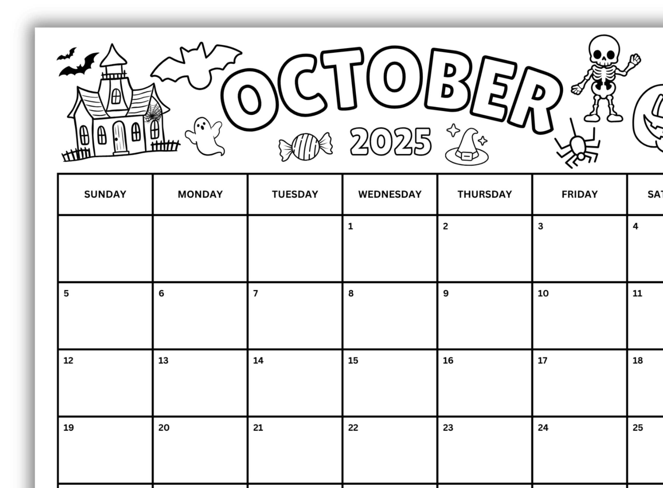 Blank Calendar Print Out October 2025