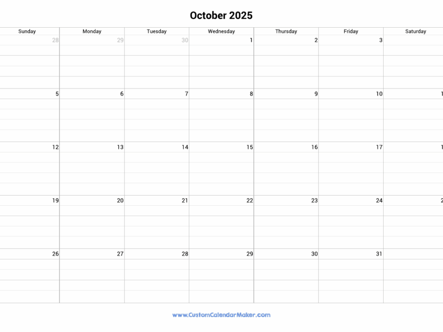 October 2025 Fillable Calendar Grid With Lines Custom Calendar Maker