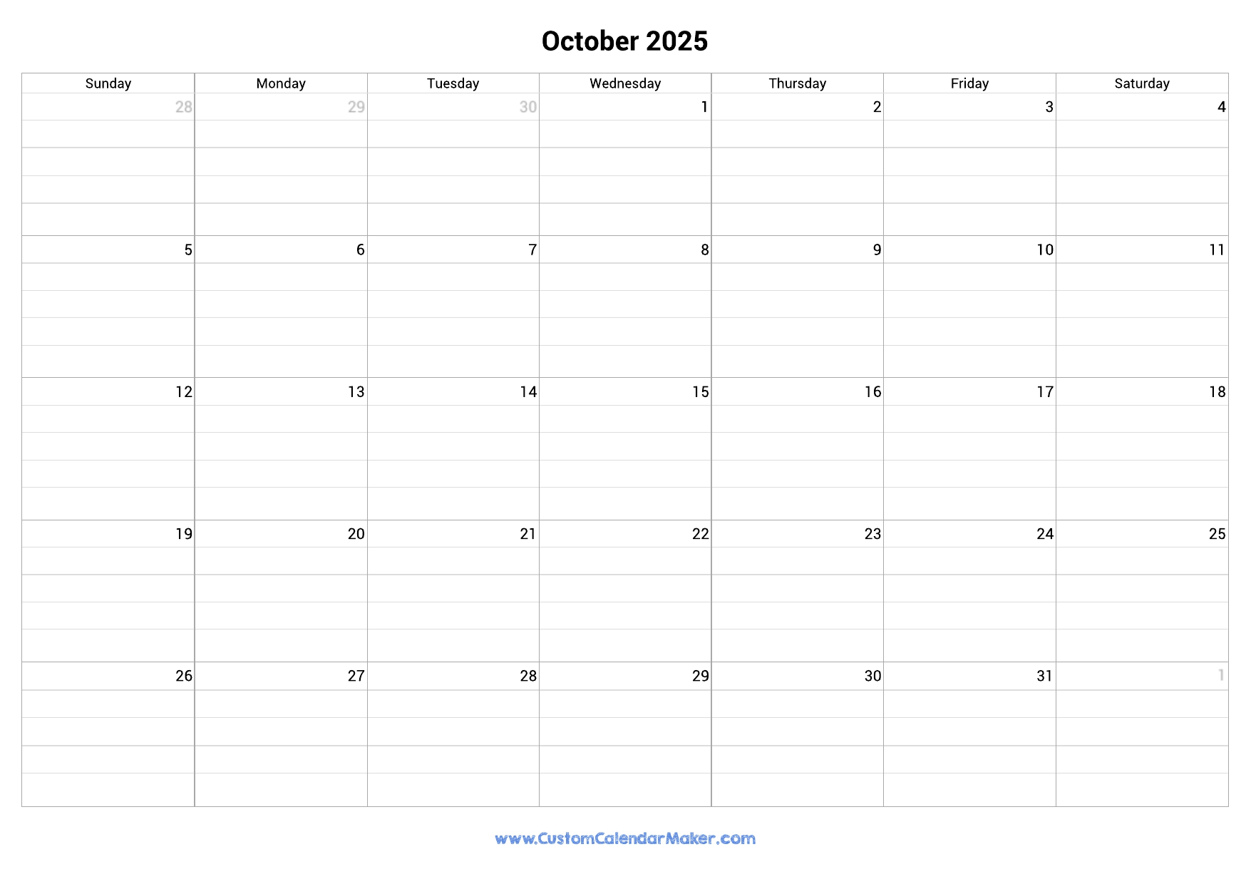 October 2025 Fillable Calendar Grid With Lines Custom Calendar Maker October 2025 Fillable Calendar Grid With Lines Custom Calendar Maker