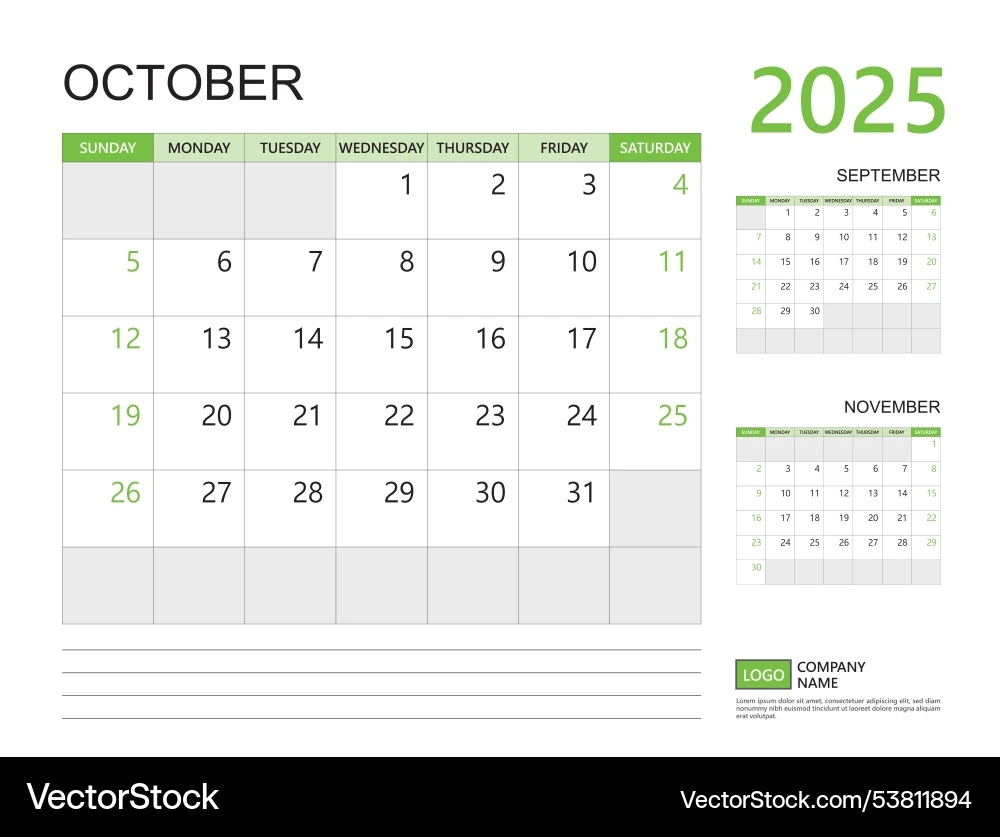 October 2025 Year Calendar Planner Template Vector Image October 2025 Year Calendar Planner Template Vector Image