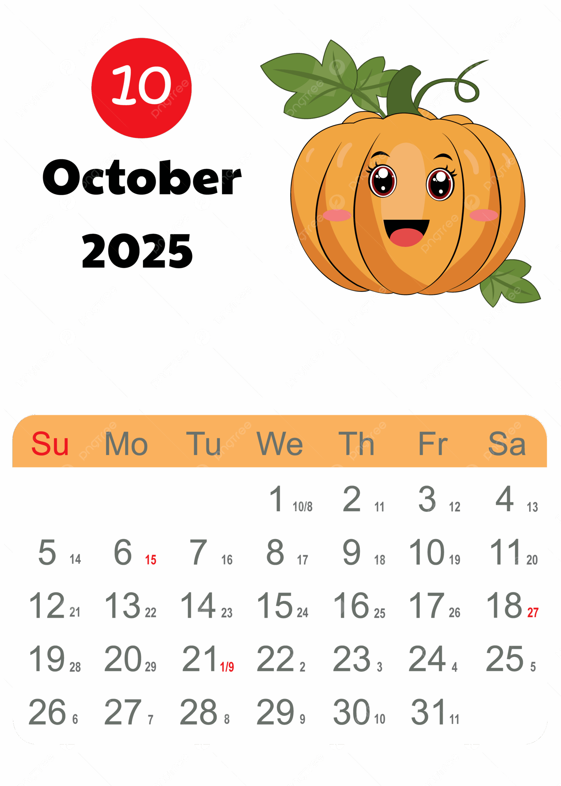 October Calendar 2025 Monthly Cute Design Vector Transperent With Pumpkin October 2025 October 2025 Calendar October Calendar PNG And Vector With Transparent Background For Free Download
