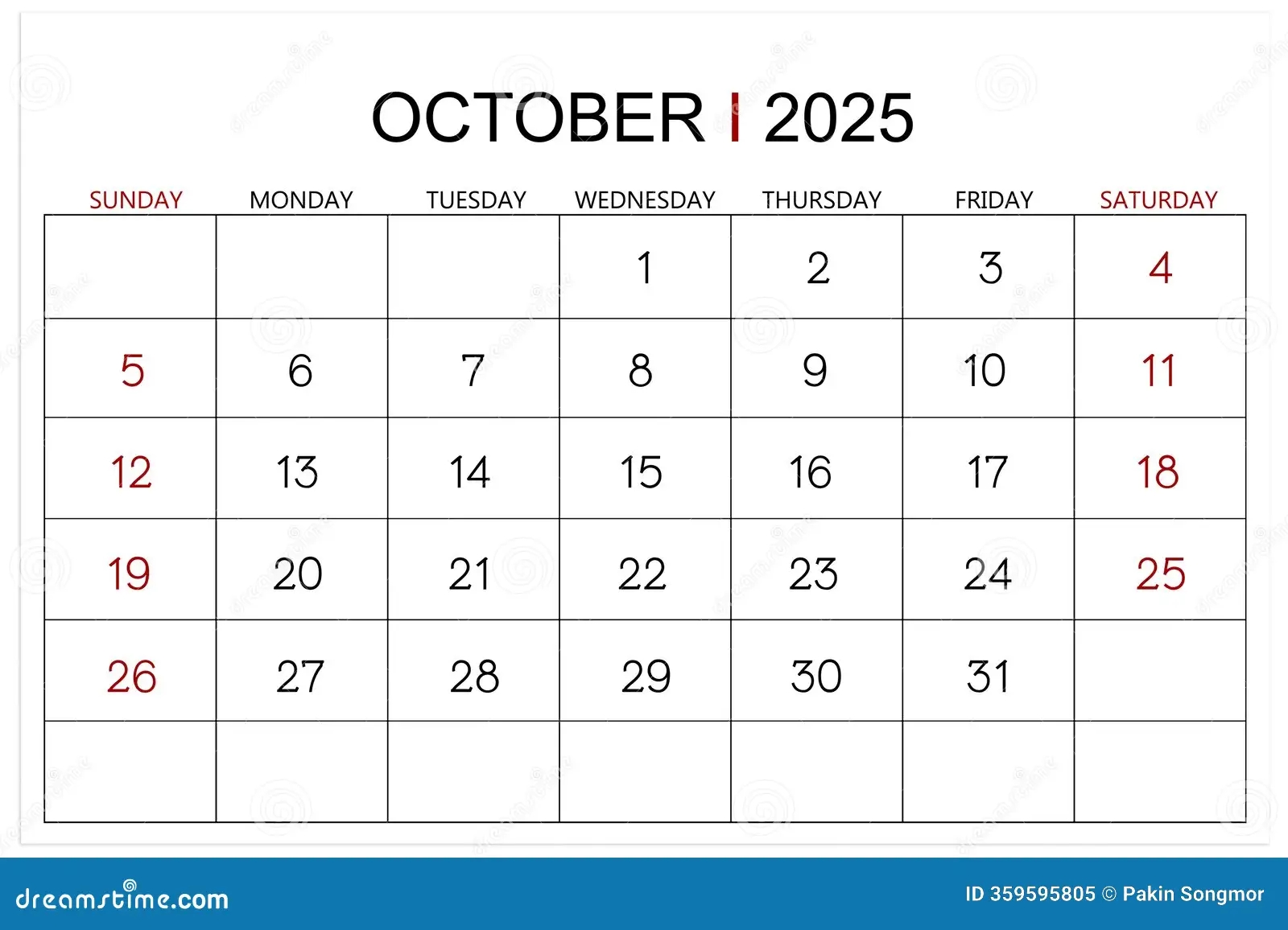 Blank October 2025 Calendar Page