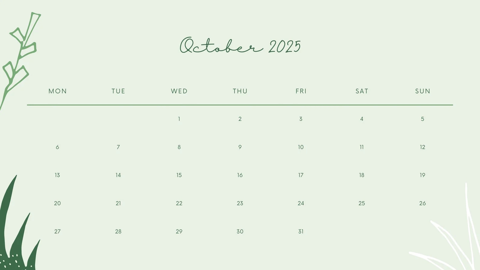 Monthly Blank October 2025 Calendar