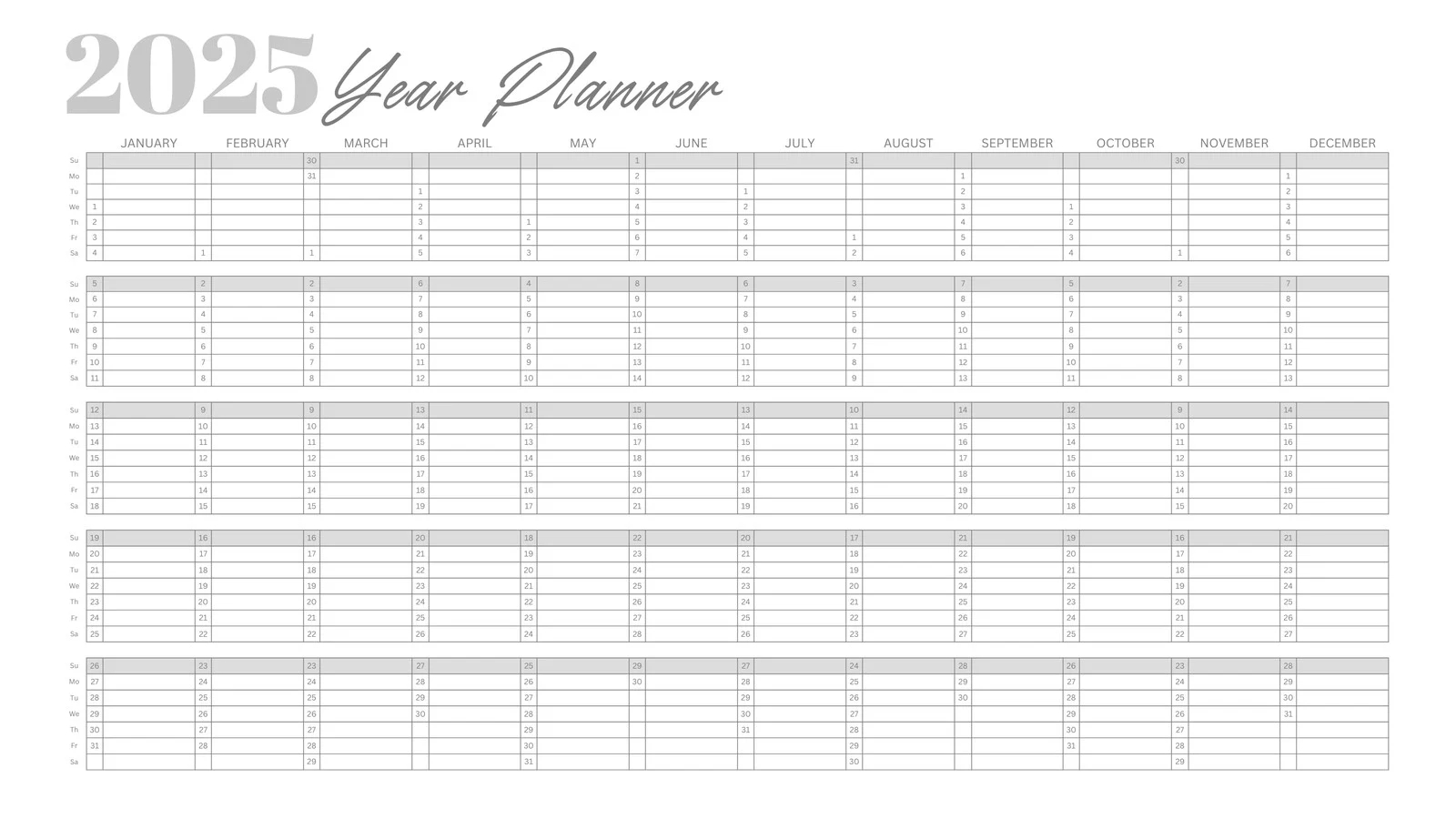 Yearly Calendar 2025 Printable Blank