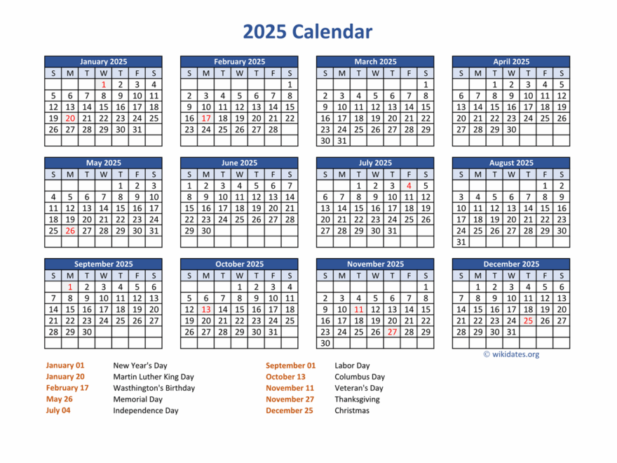 PDF Calendar 2025 With Federal Holidays WikiDates
