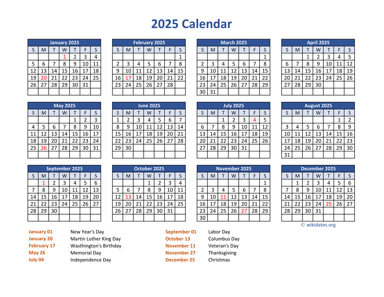 PDF Calendar 2025 With Federal Holidays WikiDates PDF Calendar 2025 With Federal Holidays WikiDates