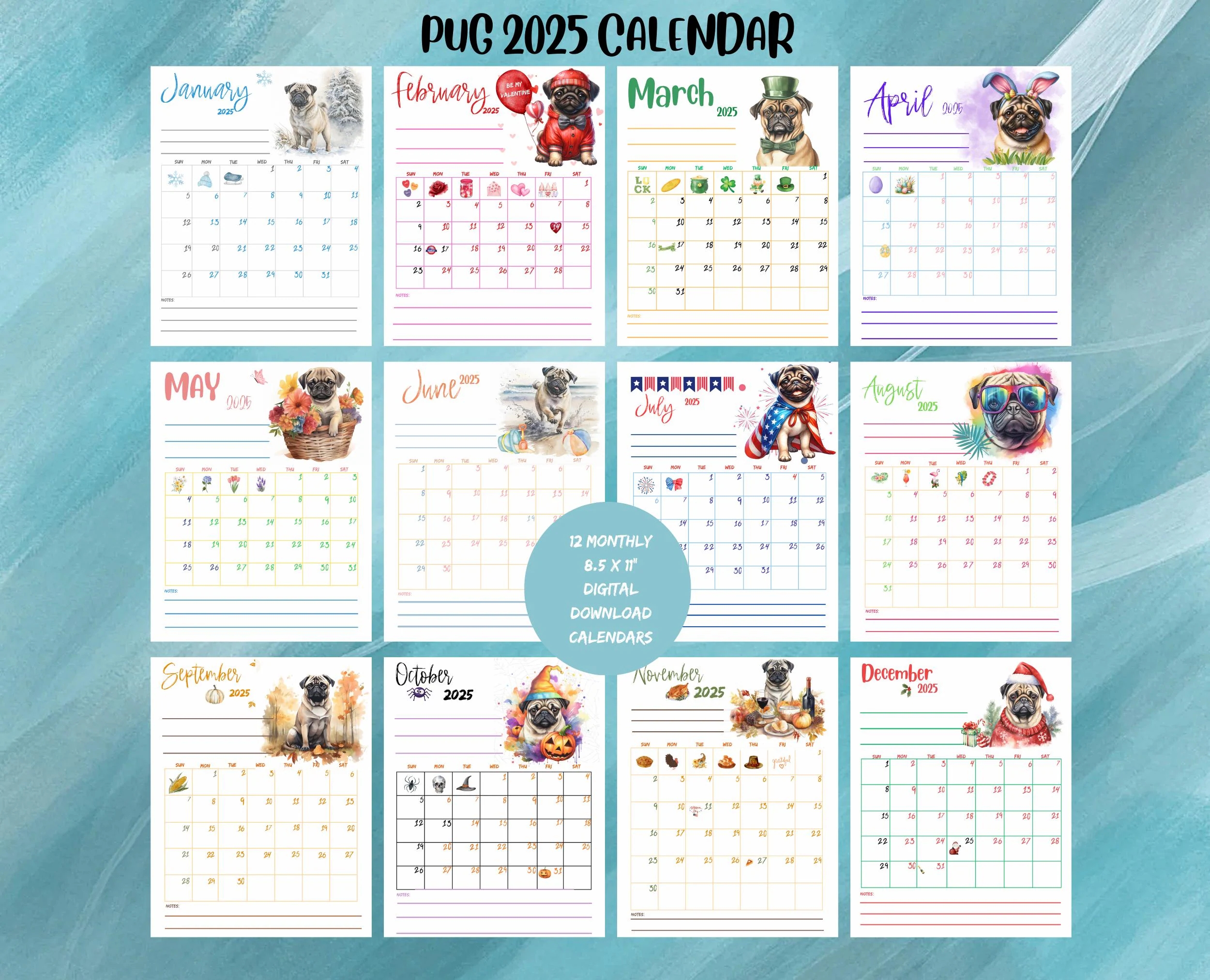 Printable 2025 Calendar For Pug Mom Instant Christmas Gift For Dog Dad Home School Calendar 12 Month Desk Planners For Students Etsy