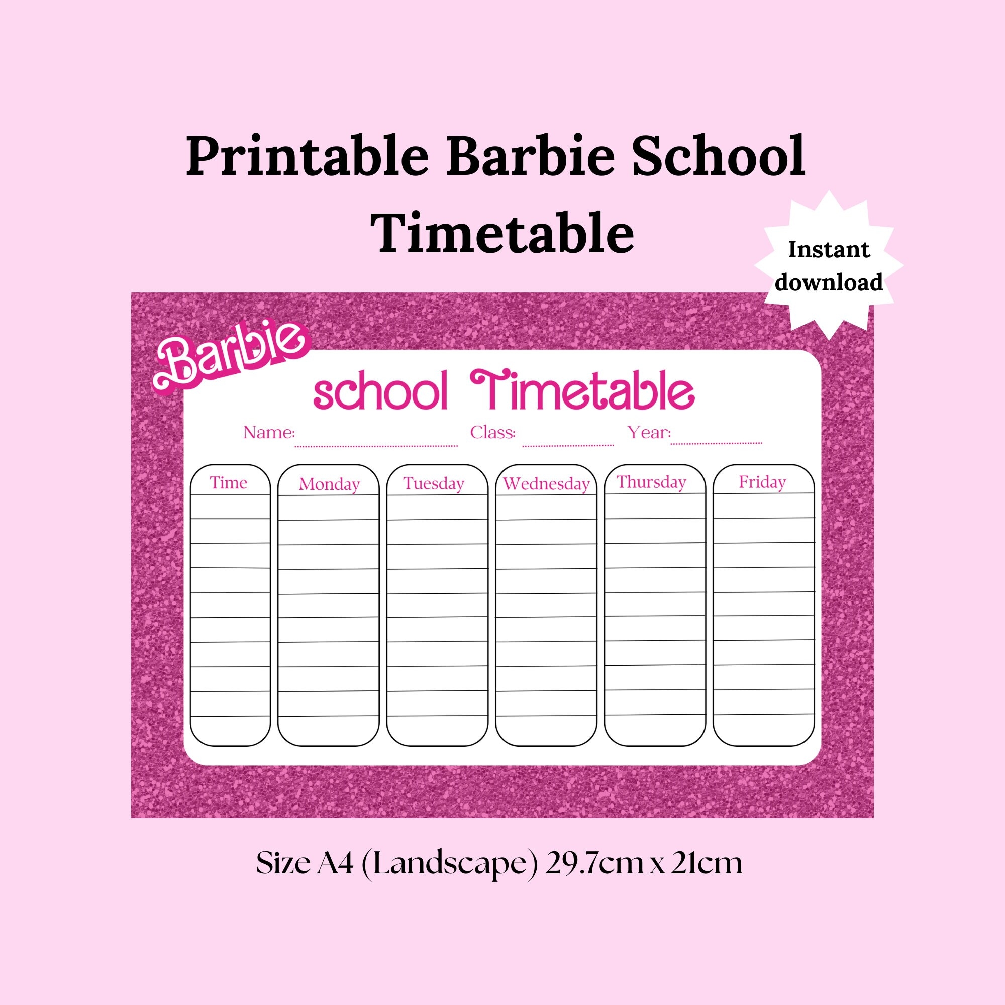 Printable Barbie School Timetable Kids Daily Schedule Back To School Timetable Homeschool Planner Daily School Planners Planners Etsy