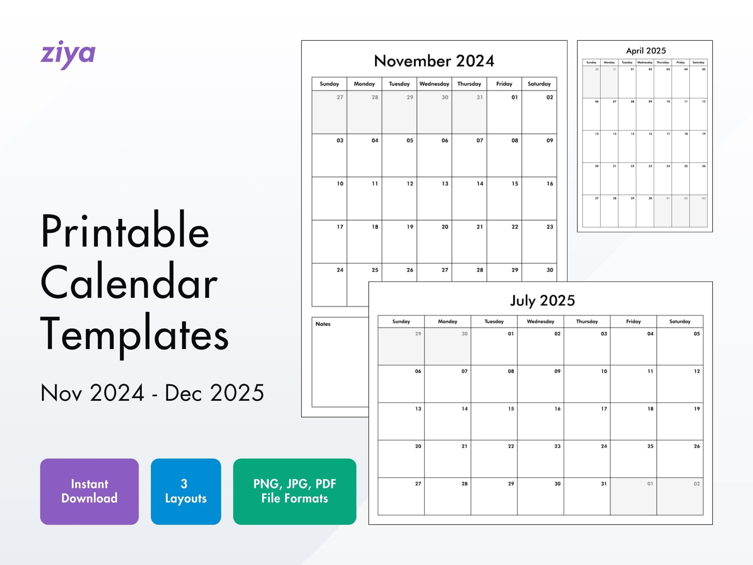 Printable Blank Calendar November 2024 December 2025 Monthly Calendar Sunday Start PDF PNG JPG Horizontal Vertical Notes Etsy