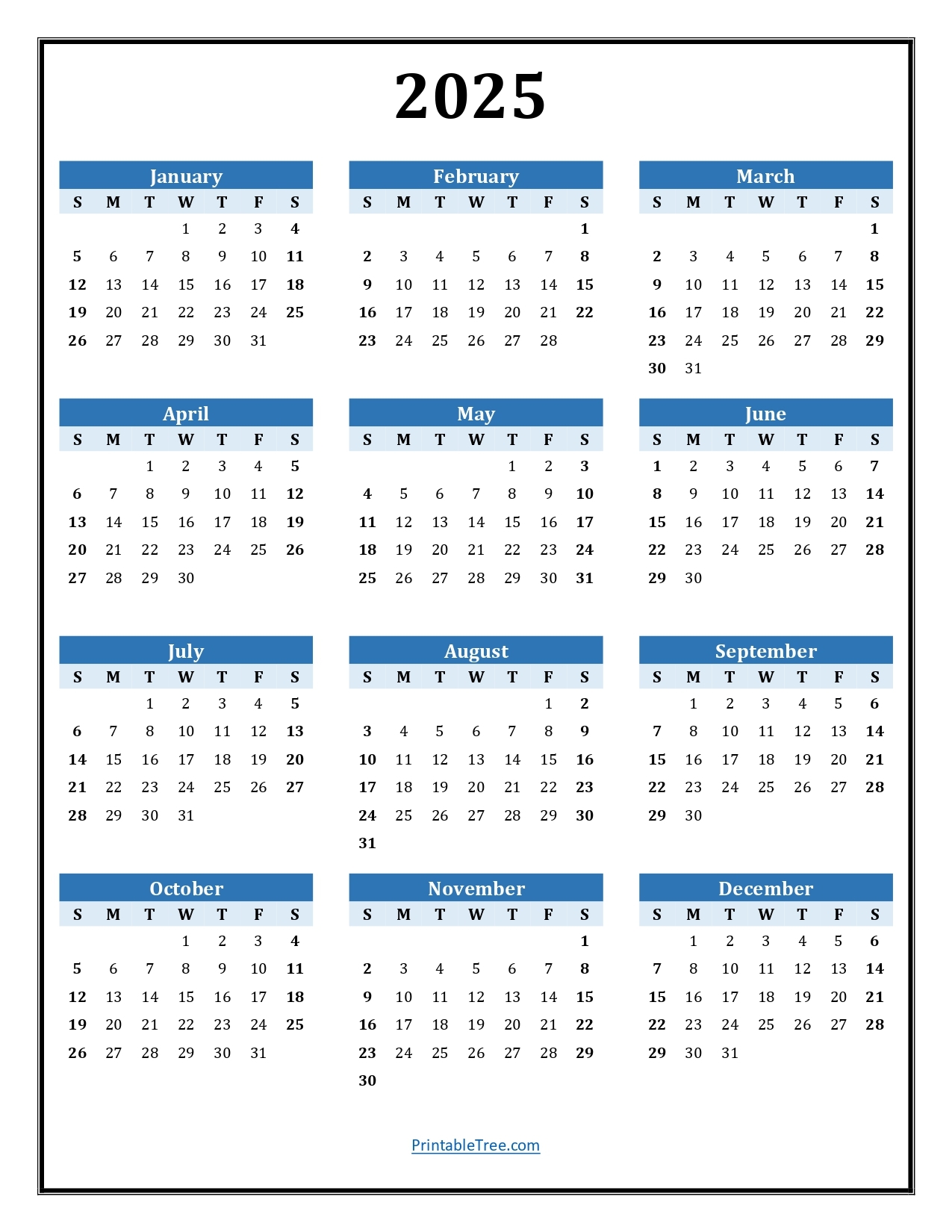 Printable Calendar 2025 One Page With Holidays Single Page 2025 Yearly Blank PDF Templates