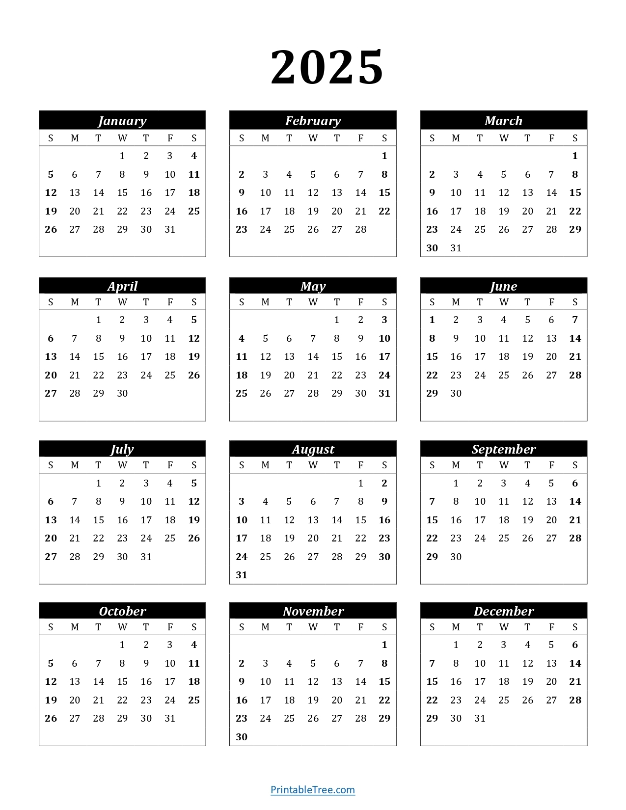 Printable Calendar 2025 One Page With Holidays Single Page 2025 Yearly Blank PDF Templates
