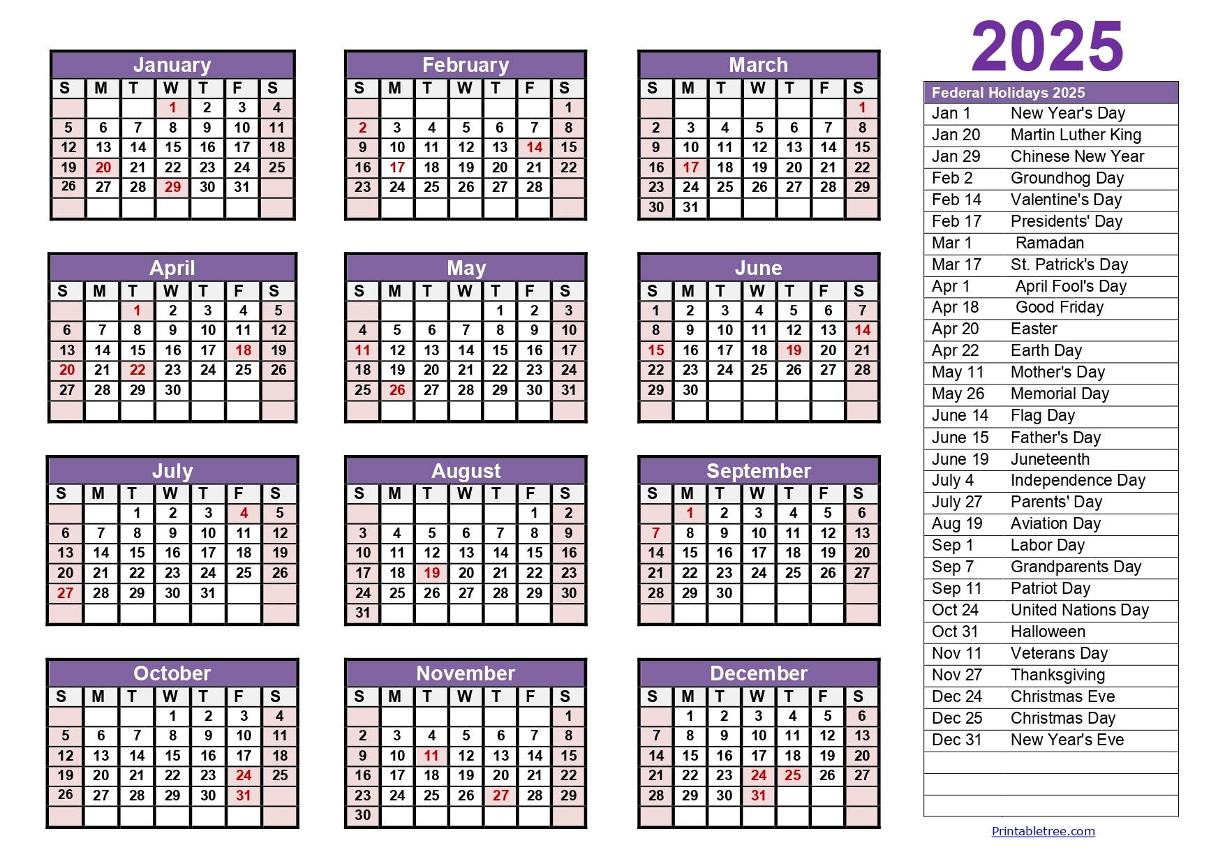 12 Month Calendar 2025 Blank