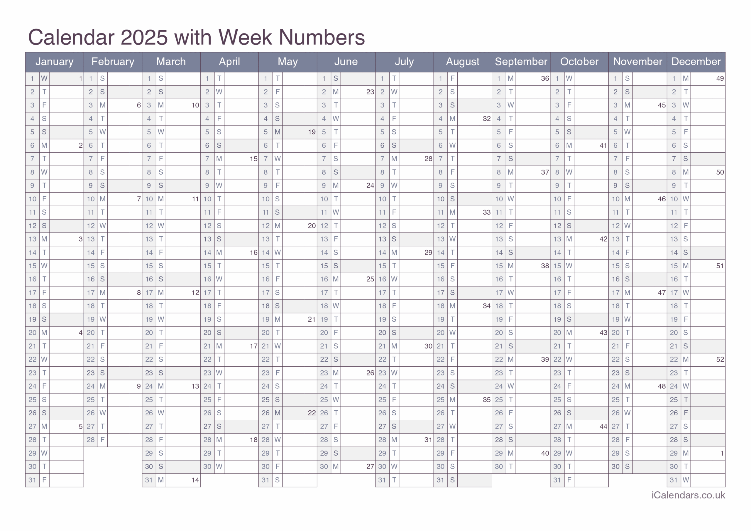 Printable Calendar 2025 PDF Or Excel