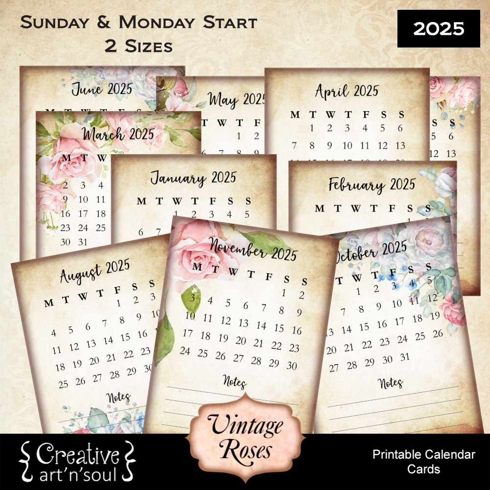 Printable Calendar Cards 2025 Sizes 3 X 4 4 X 5 Sunday Monday Start Creative ArtnSoul
