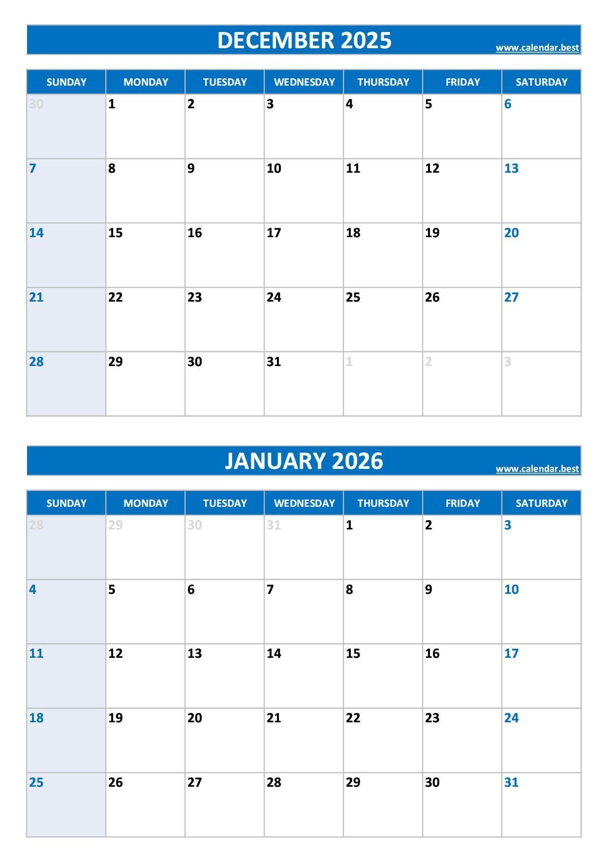 Printable December 2025 And January 2026 Calendar Free PDF JPG Downloads