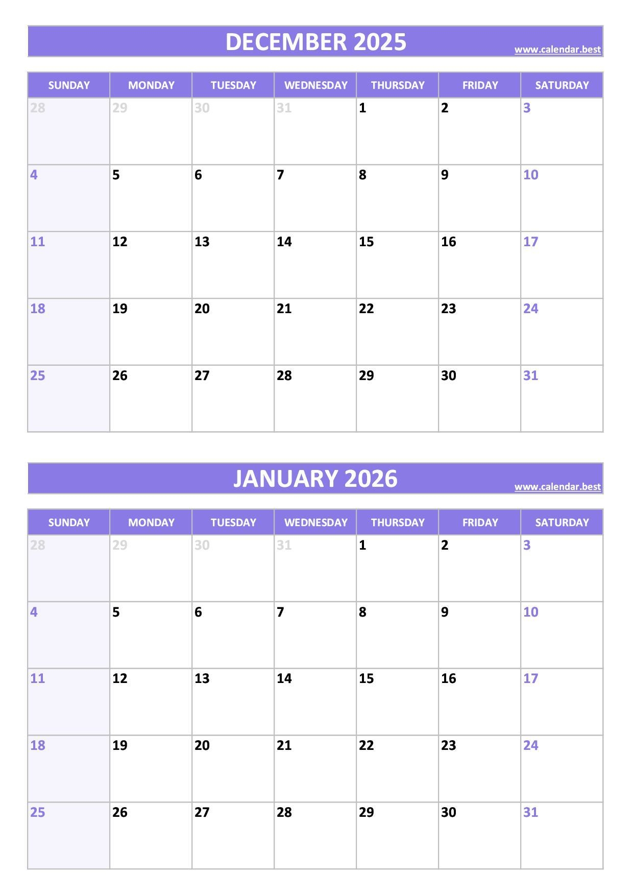 Printable December 2025 And January 2026 Calendar Free PDF JPG Downloads