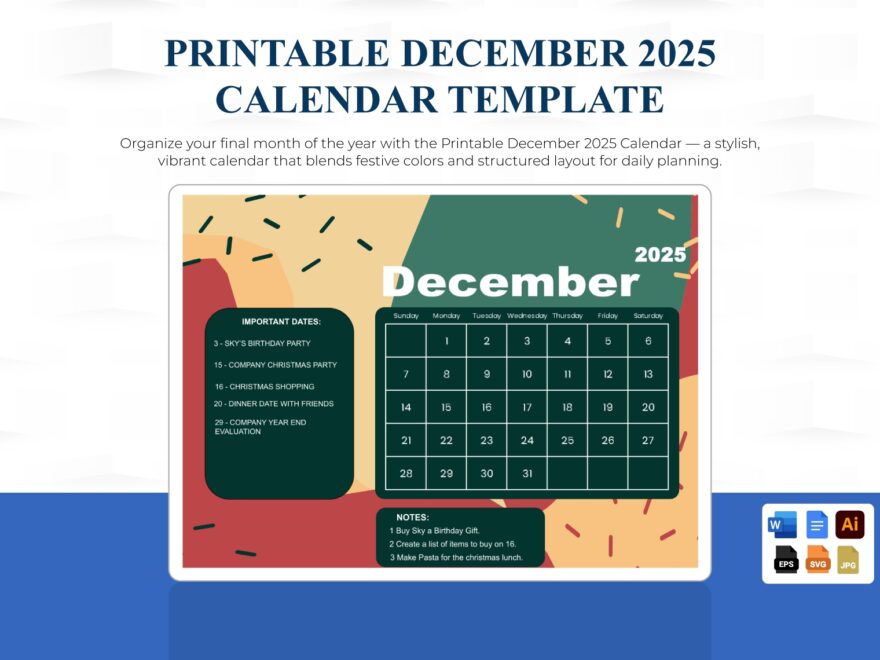Printable December 2025 Calendar In EPS Illustrator JPG Word SVG Google Docs To Download Template