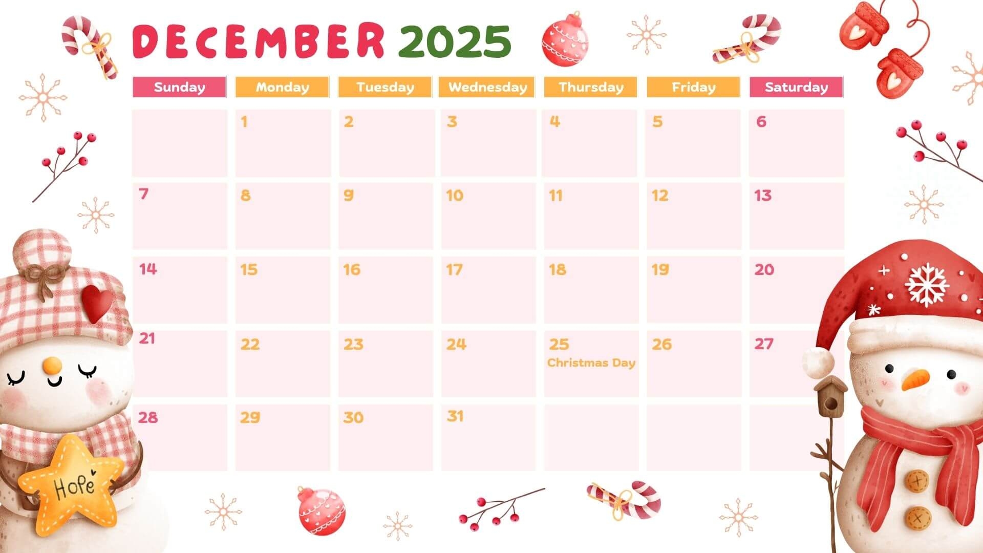 December Christmas 2025 Blank Calendar