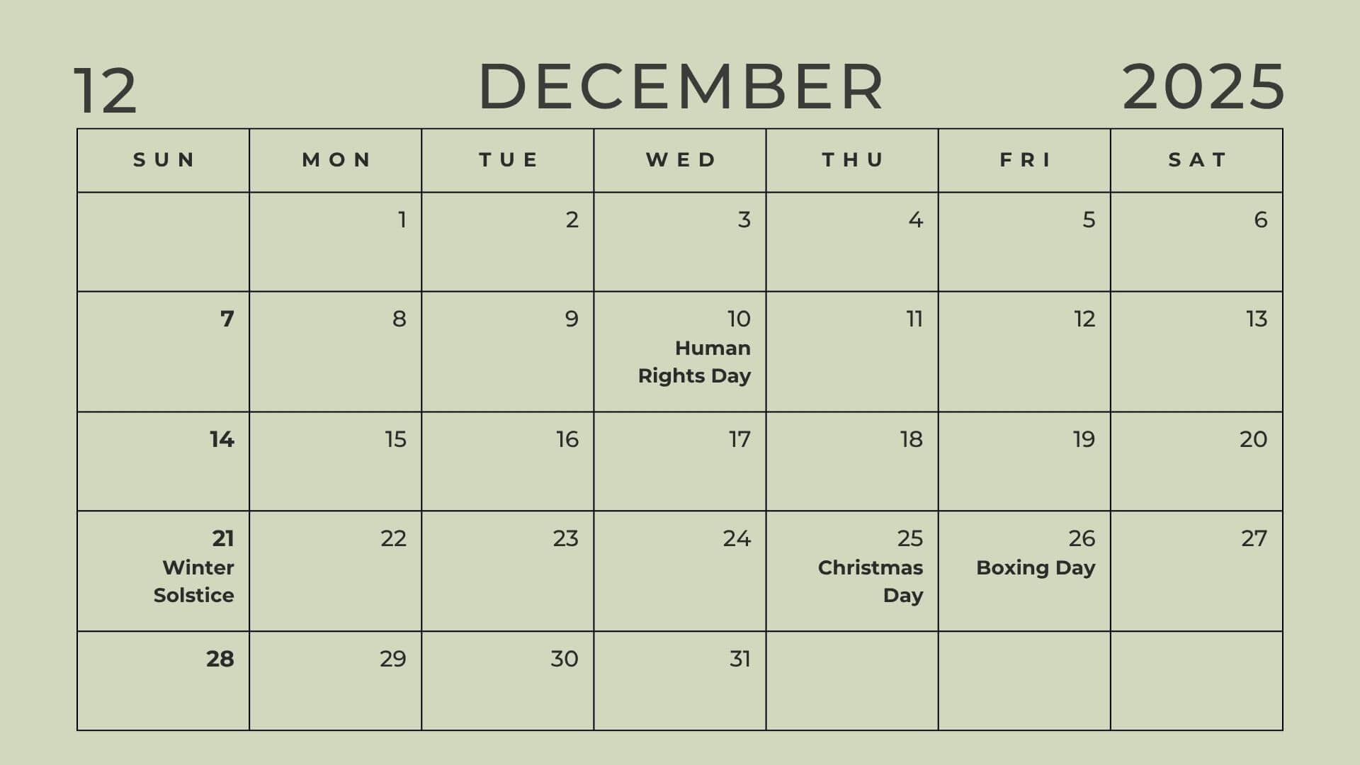 Blank Calendar December 2025with Holidays