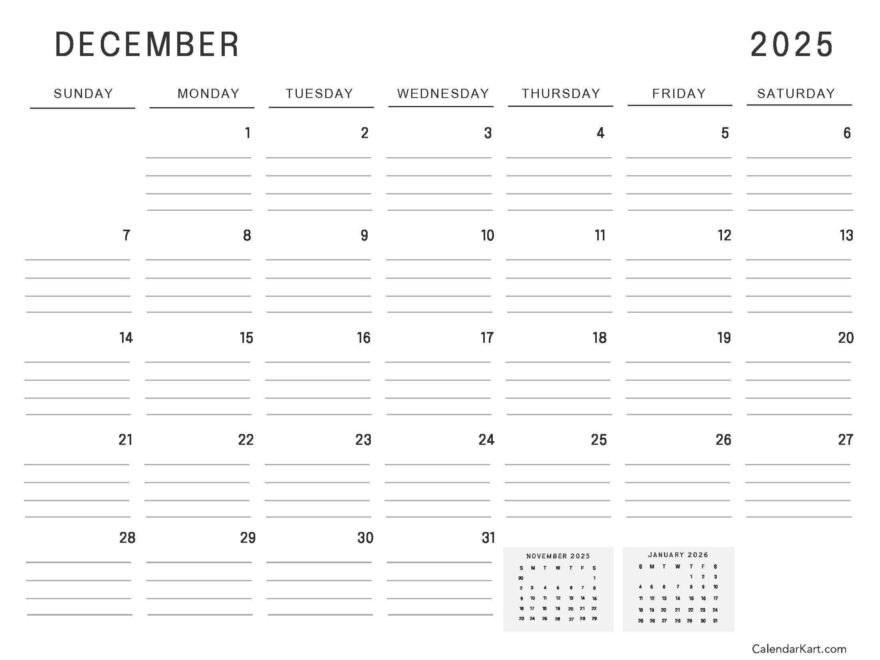 Printable December 2025 Calendars Free Pdf CalendarKart