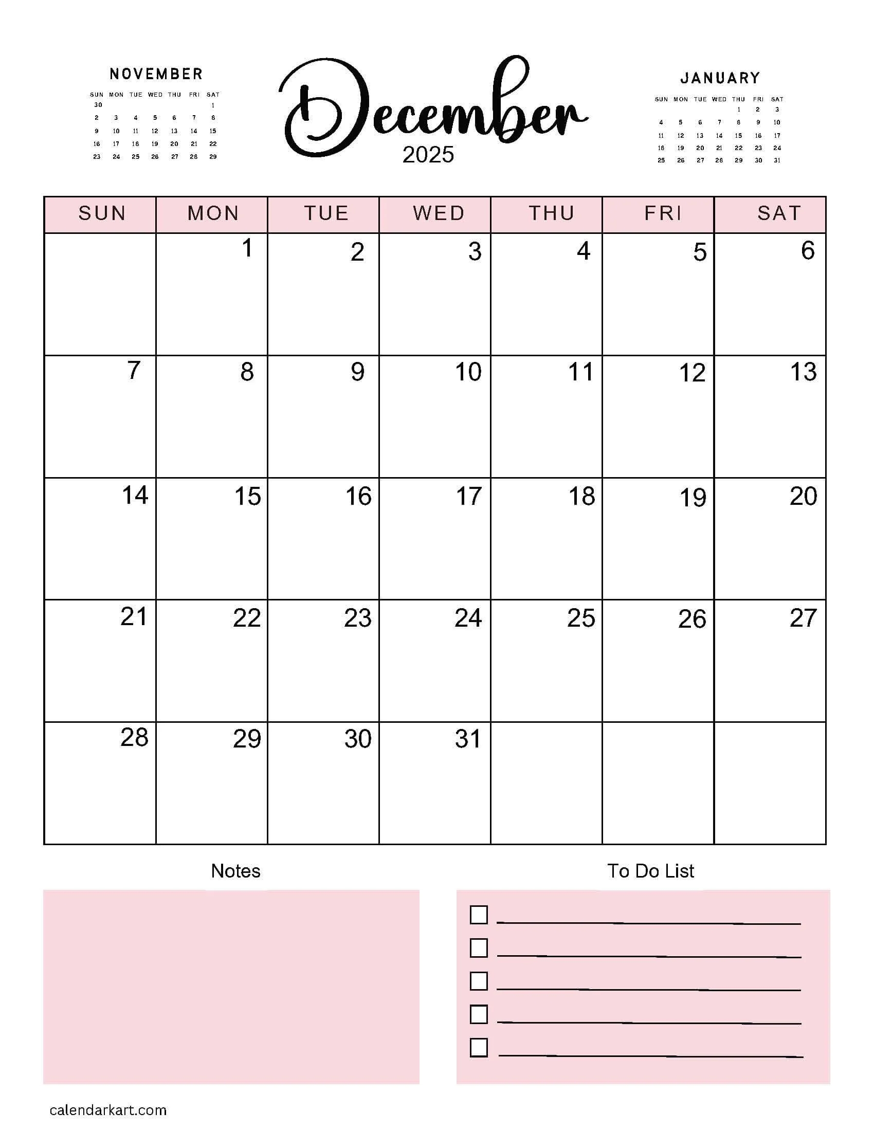 Printable December 2025 Calendars Free Pdf CalendarKart