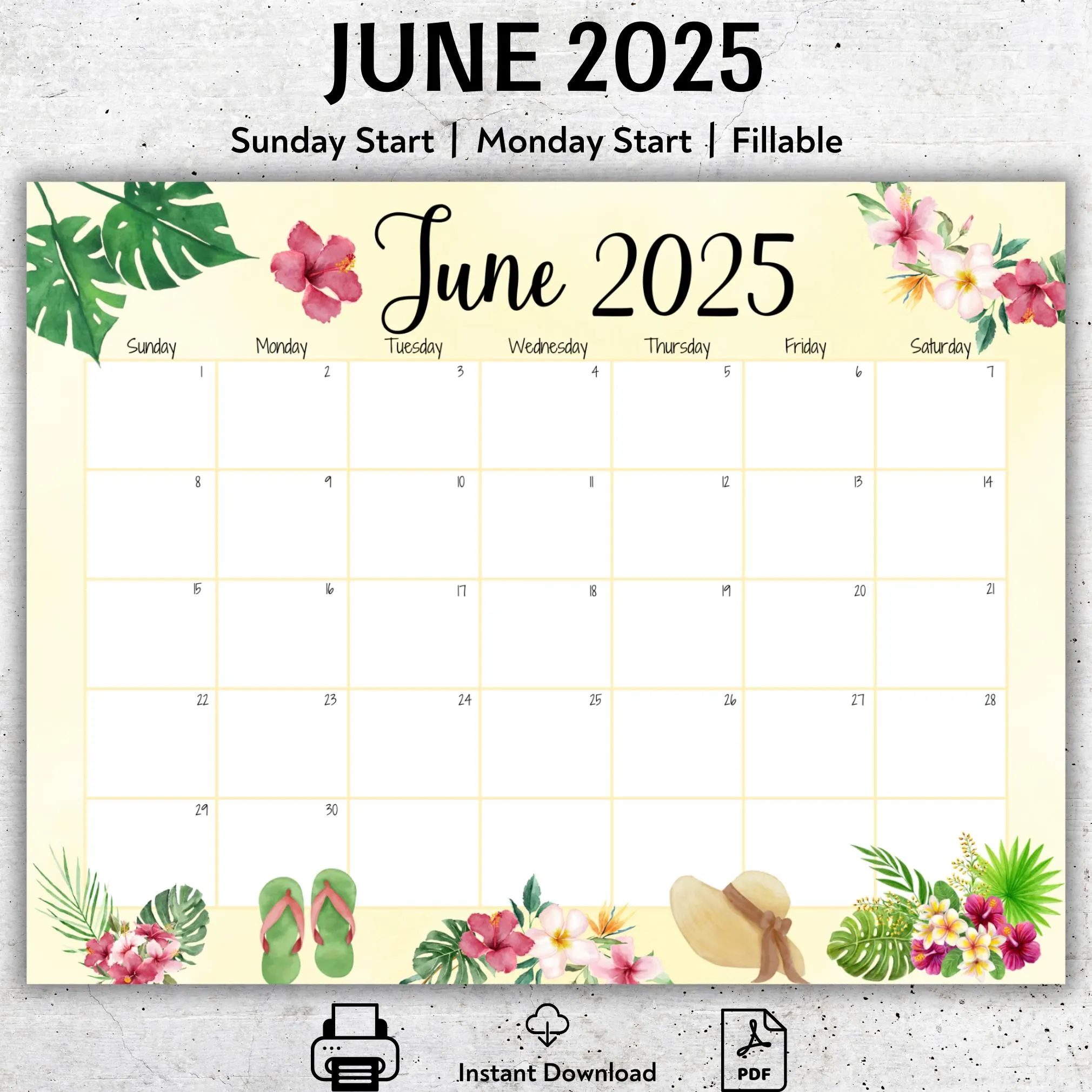 Printable June 2025 Calendar Tropical Theme Sunday And Monday Start Options Fillable US Letter PDF Instant Download Editable Planner Etsy