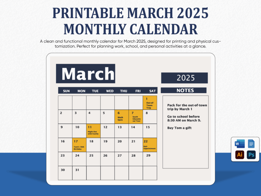 Printable March 2025 Monthly Calendar Template In Illustrator Word Google Docs PSD To Download Template