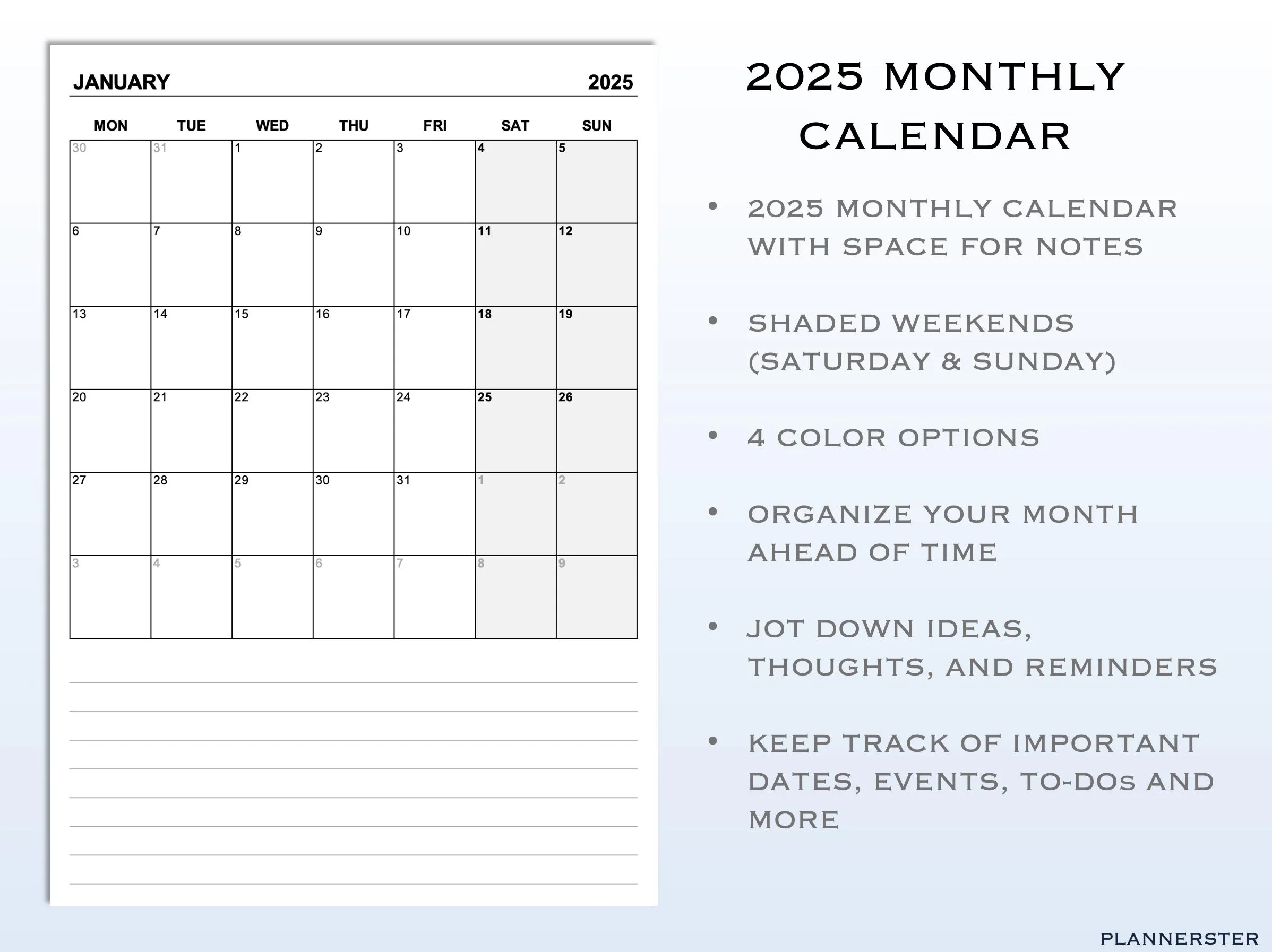 Printable Monthly Calendar 2025 Calendar Layout With Space For Notes Month At a glance Organize Your Year With Style Etsy