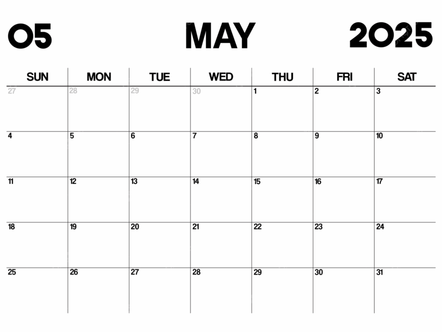 Printable Monthly Calendar Planner Template For May 2025 In Minimalist Style And Landscape Format Vector Template Download On Pngtree
