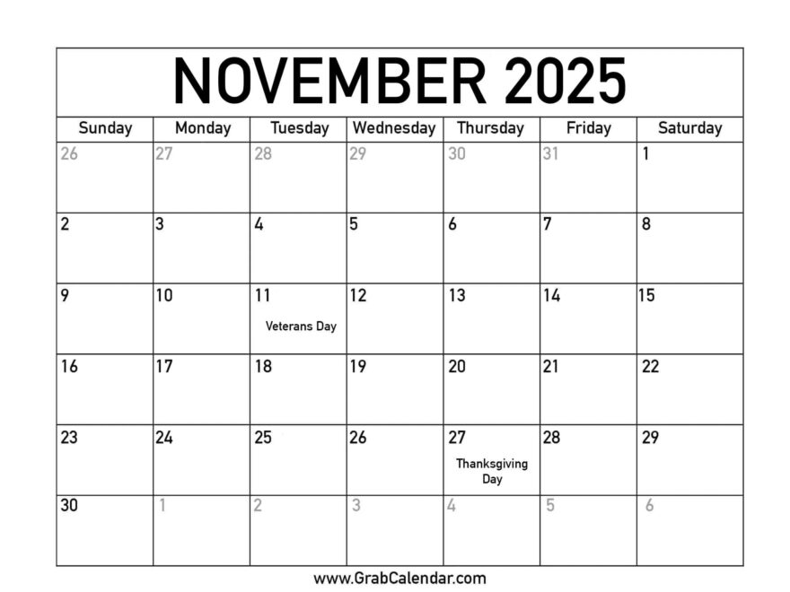 Printable November 2025 Calendar