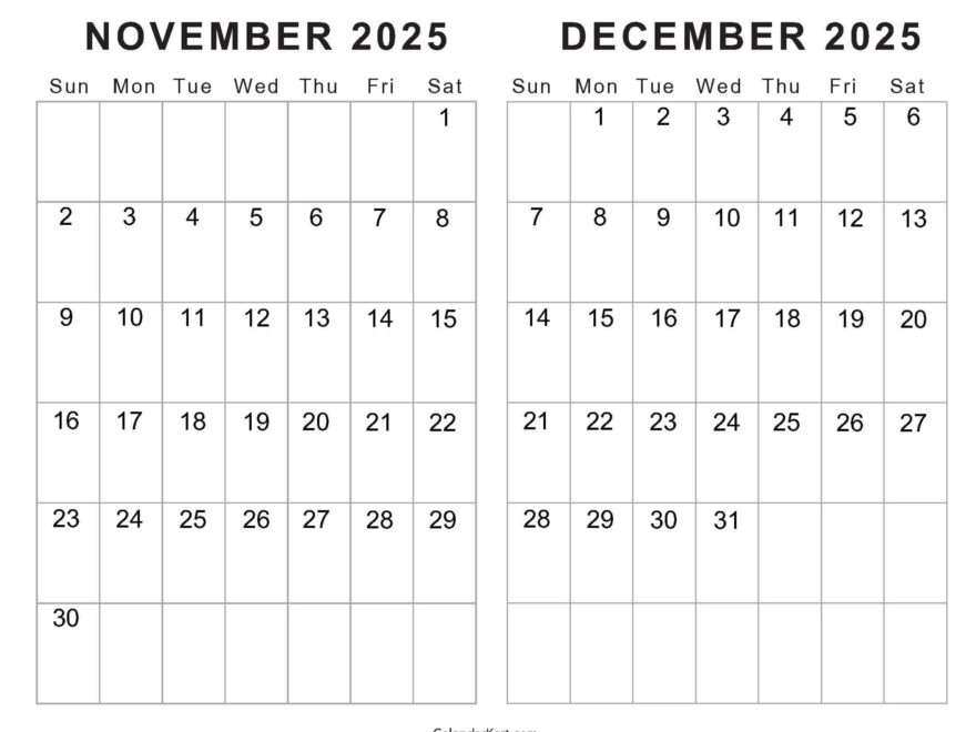 Printable November December 2025 Calendars Calendarkart