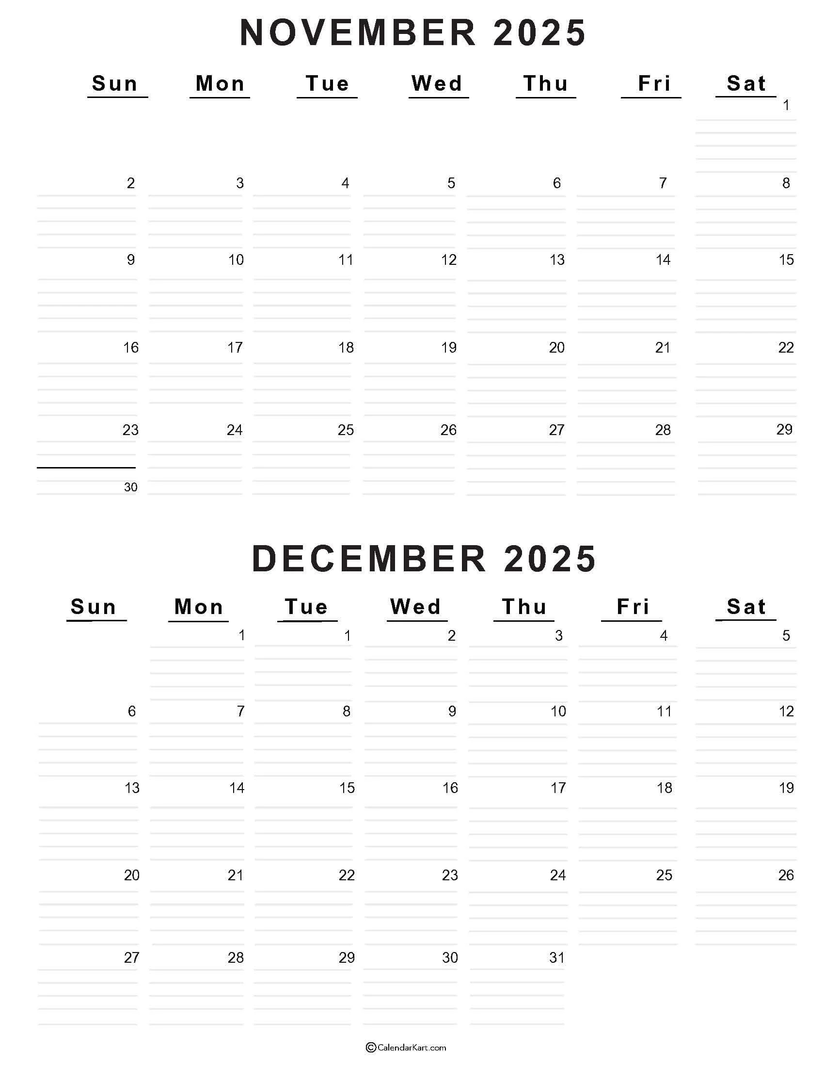 Printable November December 2025 Calendars Calendarkart Printable November December 2025 Calendars Calendarkart
